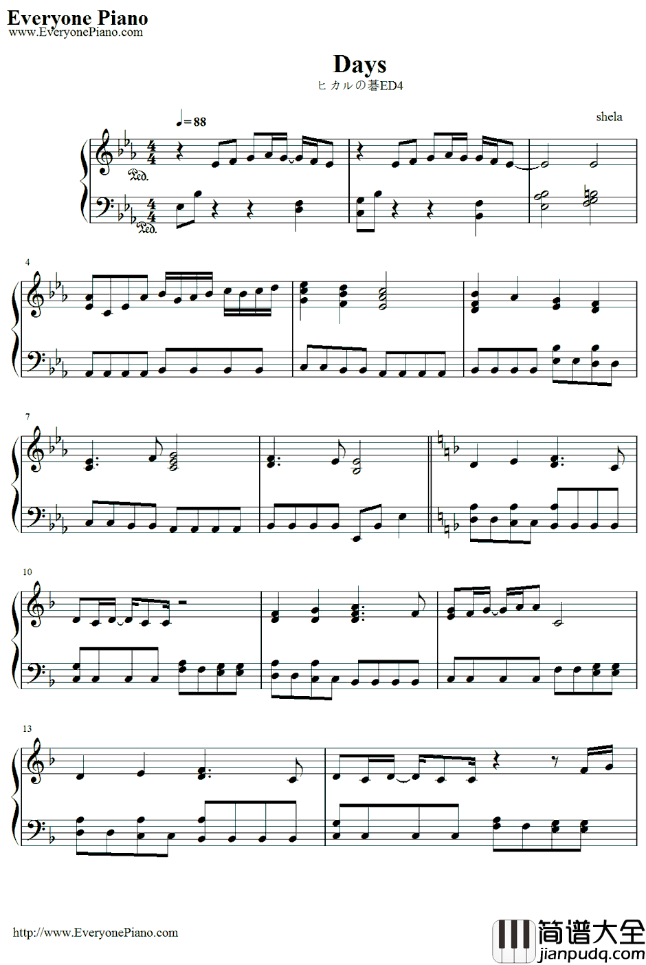 Days钢琴谱_Shela_棋魂ED