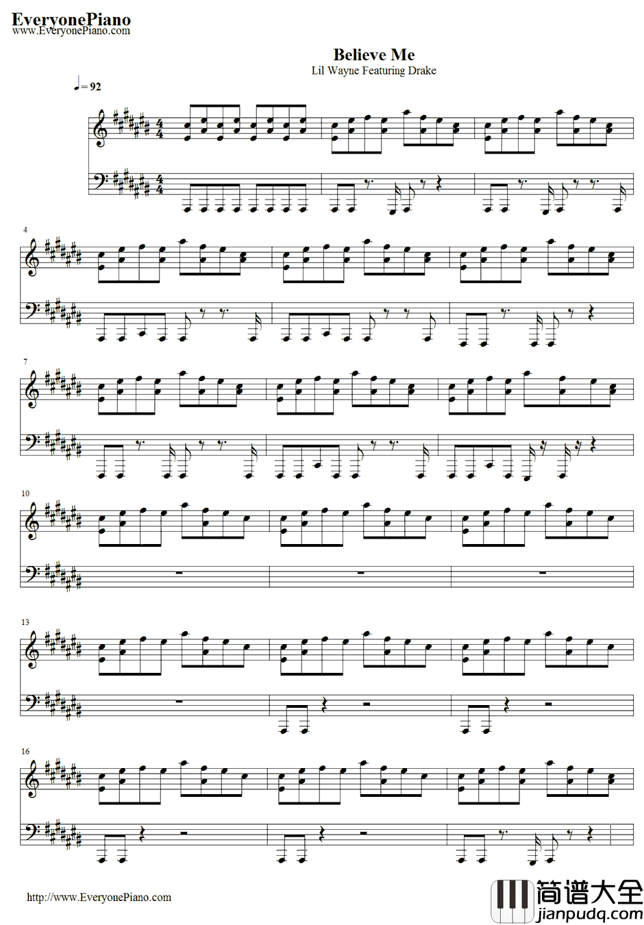 BelieveMe伴奏钢琴谱_LilWayne&Drake