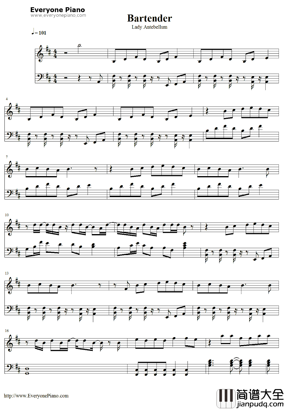 Bartender钢琴谱_LadyAntebellum_LadyAntebellum新单