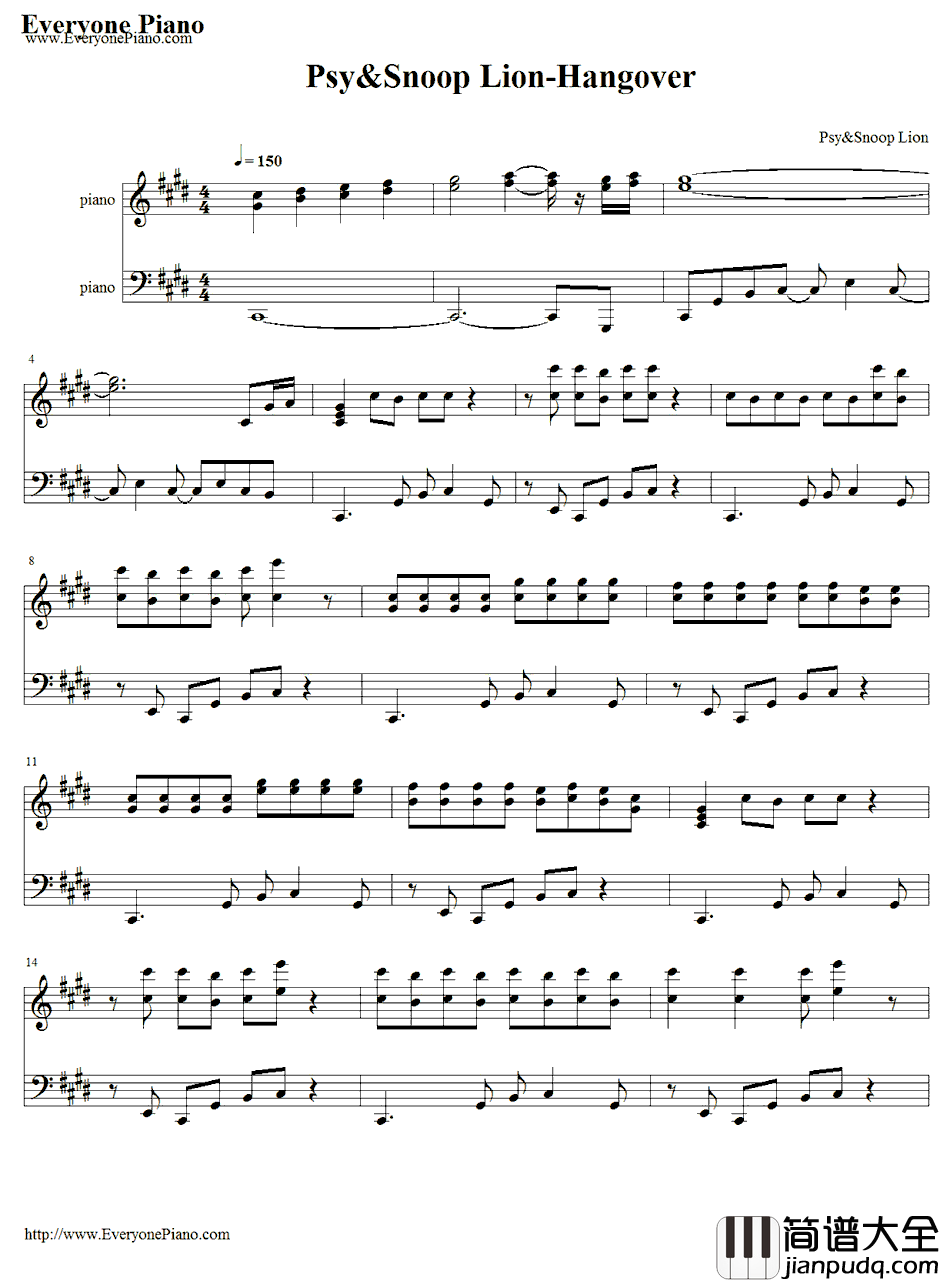 Hangover钢琴谱_Psy&SnoopDogg