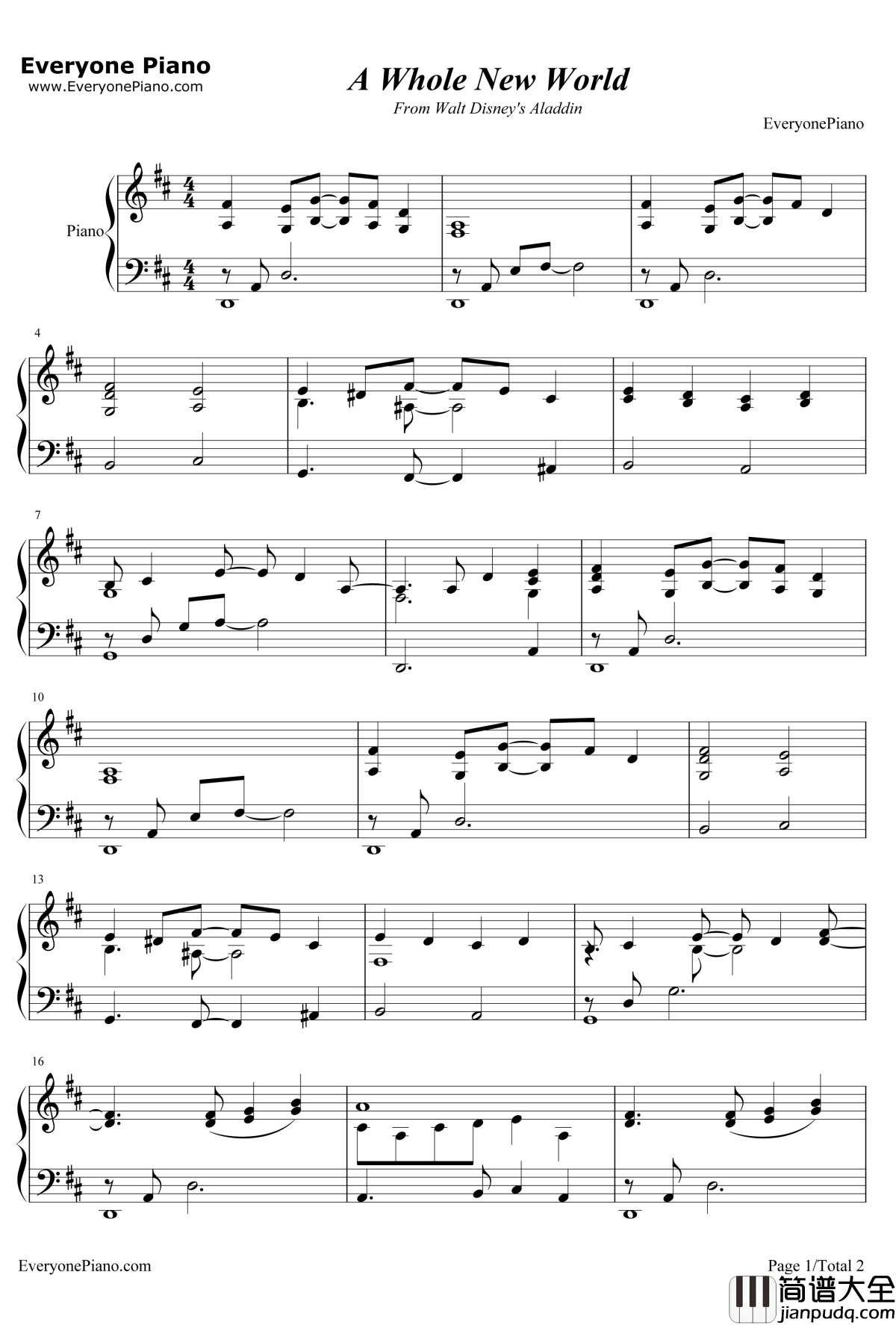 A_Whole_New_World钢琴谱_AlanMenken_阿拉丁主题曲