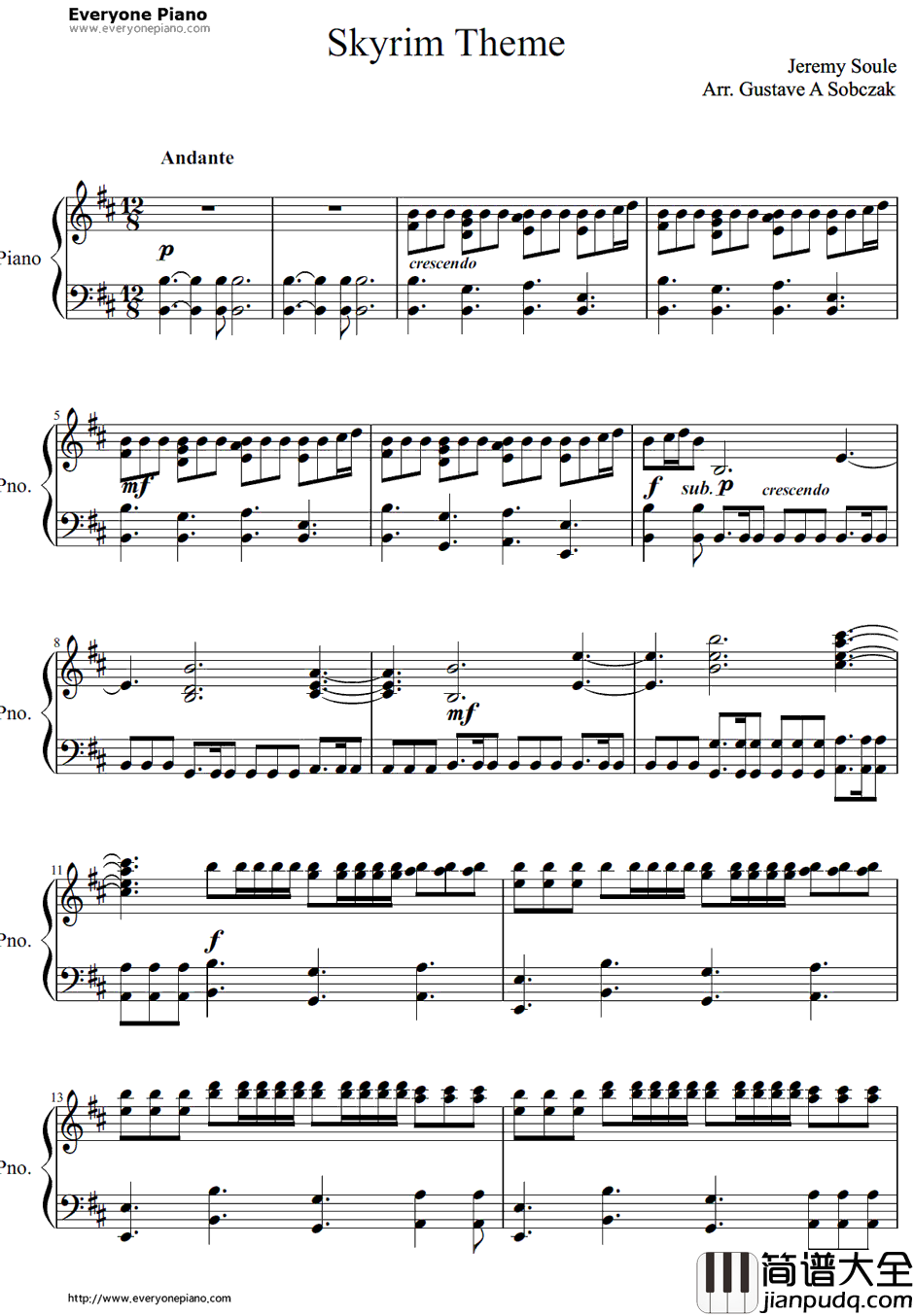 上古卷轴5：天际主题曲钢琴谱_Skyrim