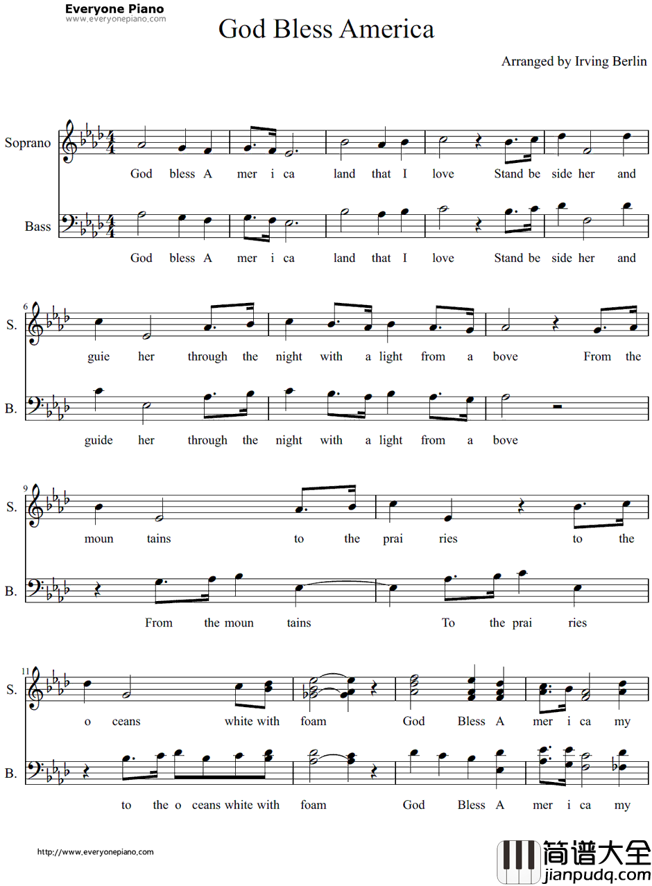 God_Bless_America钢琴谱_LeAnnRimes_简单版