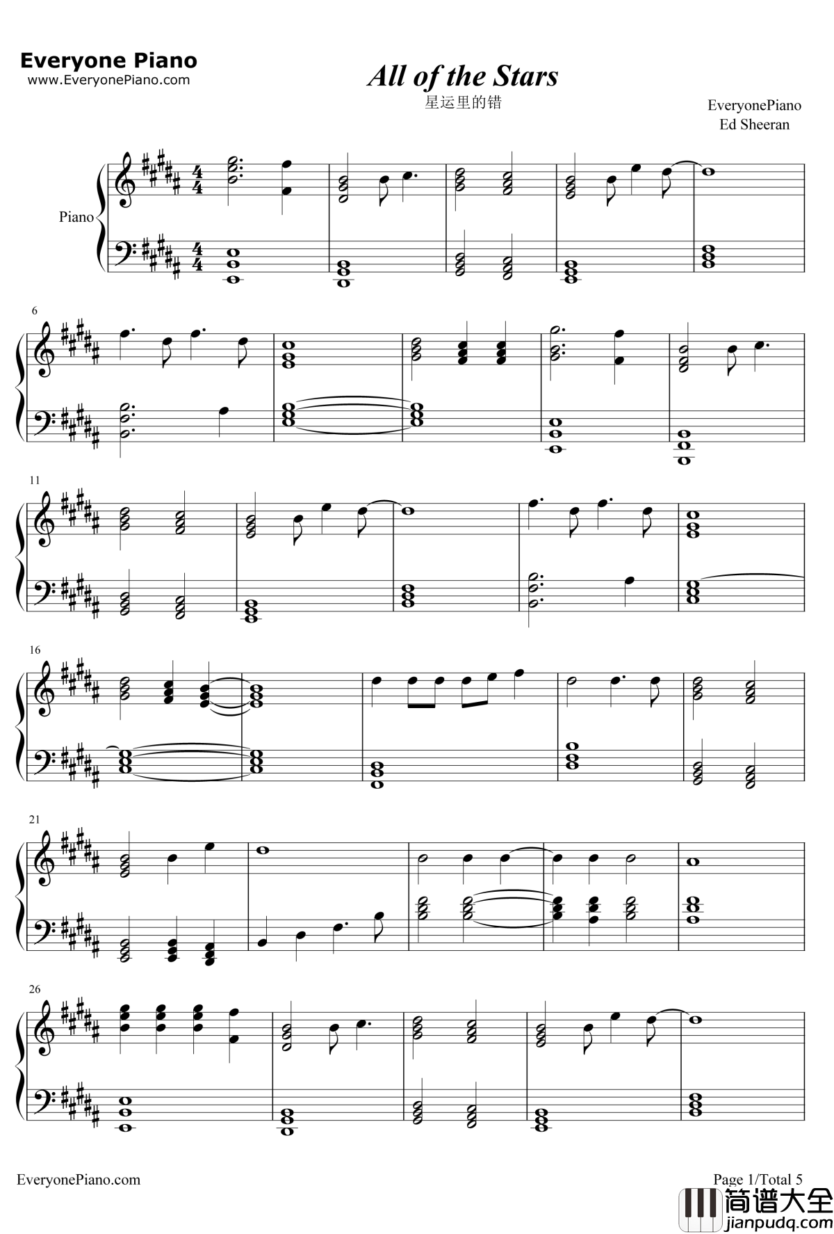 All_of_the_Stars钢琴谱_EdSheeran_星运里的错OST