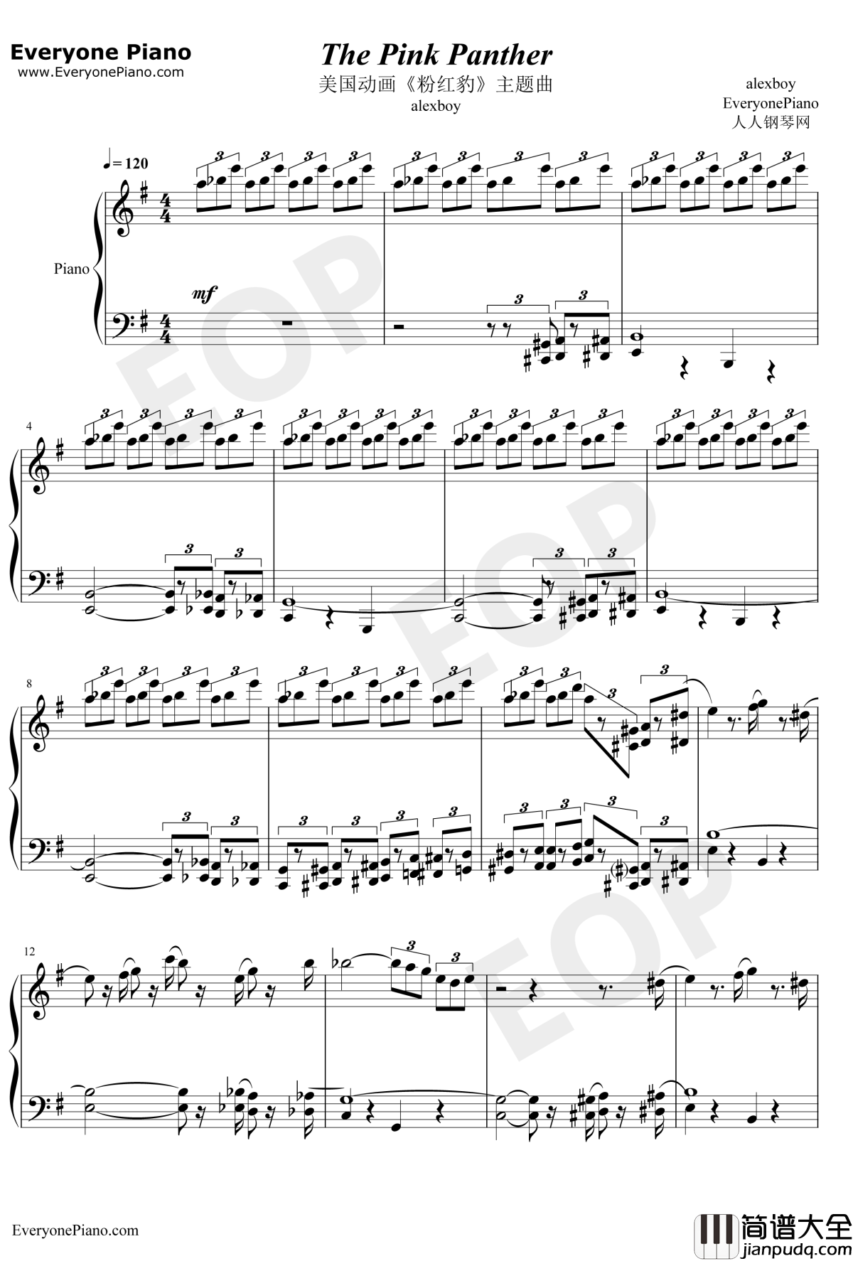 The_Pink_Panther_Theme钢琴谱_HenryMancini_粉红豹主题曲