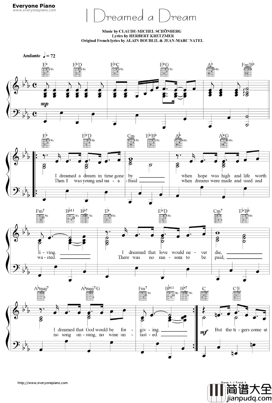 I_Dreamed_a_Dream钢琴谱_伊莲佩姬_悲惨世界OST