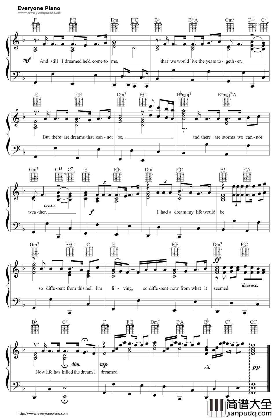 I_Dreamed_a_Dream钢琴谱_伊莲佩姬_悲惨世界OST