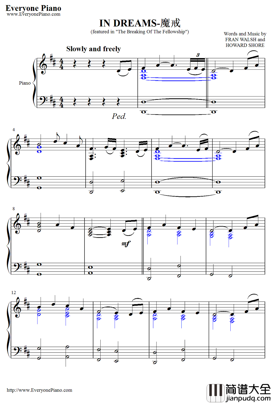 In_Dreams钢琴谱_HowardShore_指环王:护戒使者OST