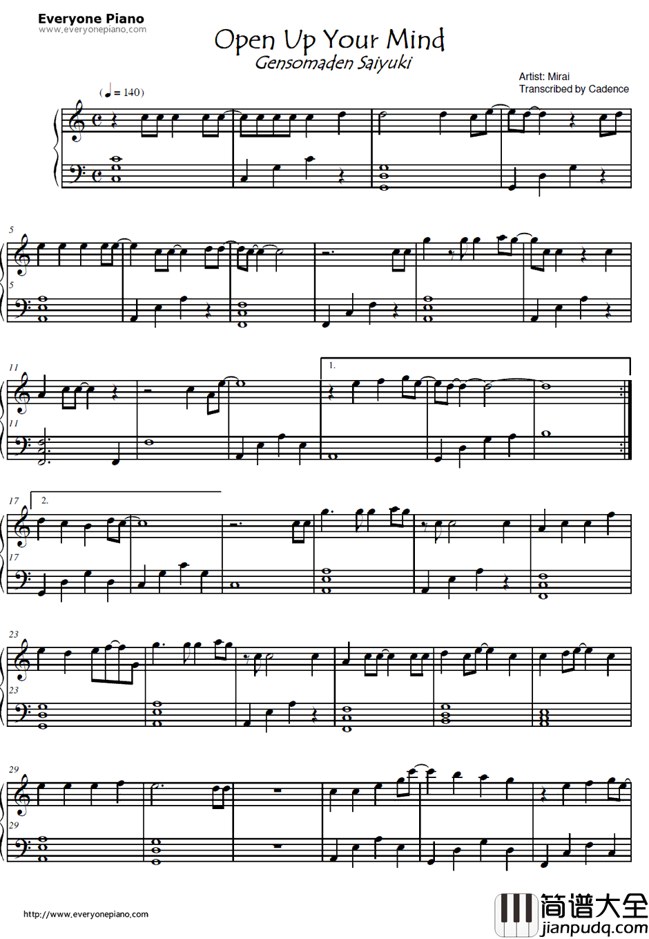 open_up_your_mind钢琴谱_mirai _幻想魔传最游记插曲