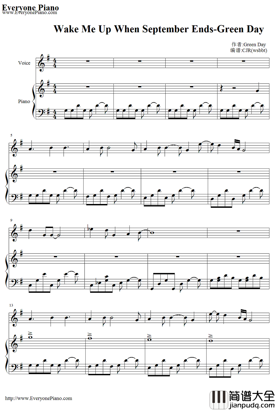 Wake_Me_Up_When_September_Ends钢琴谱_GreenDay(绿日乐队)