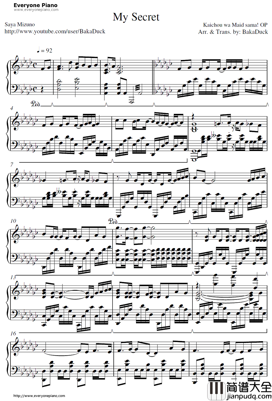 My_Secret钢琴谱_水野佐彩_会长是女仆大人！OP