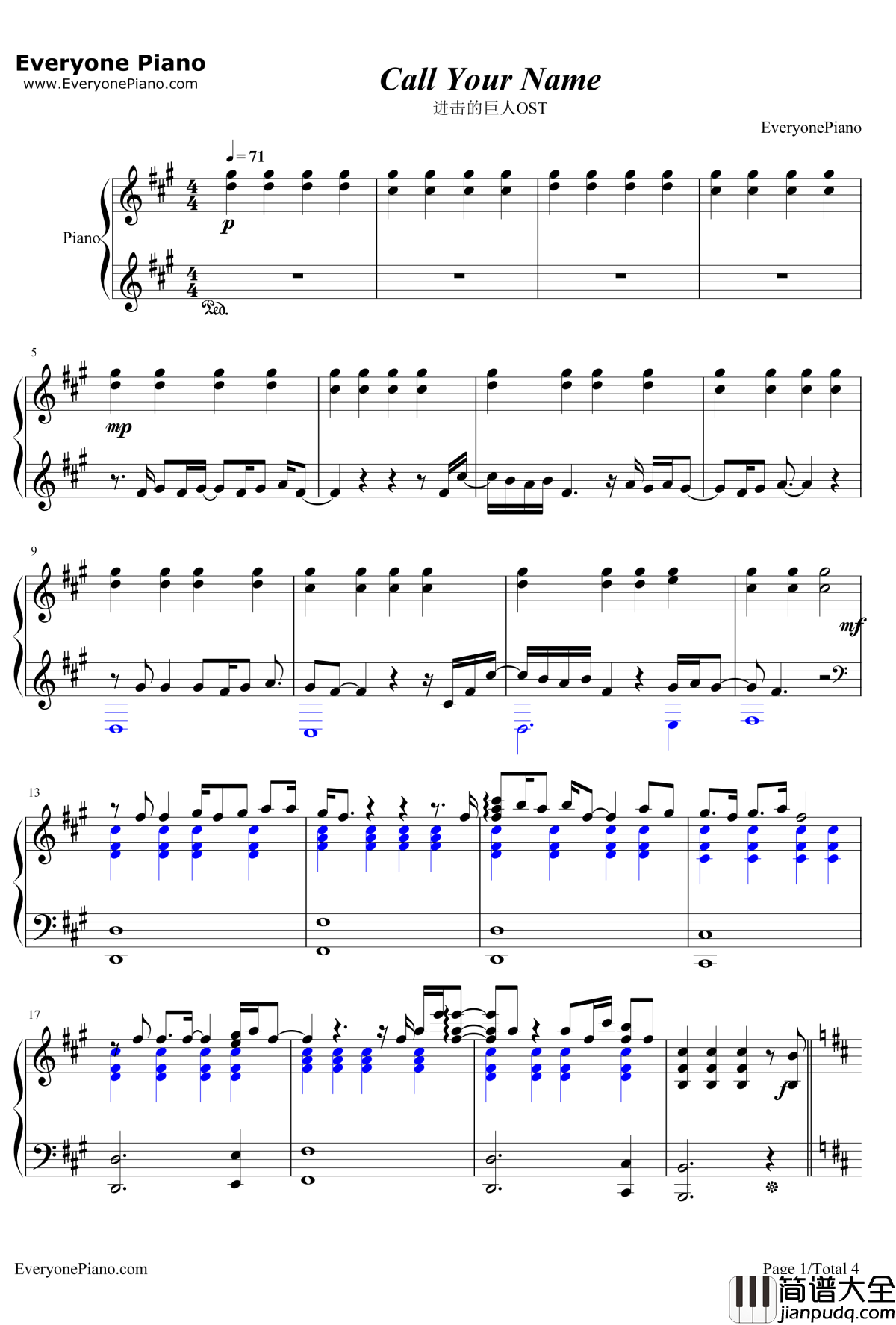 Call_you_rname钢琴谱_mpi&CASG_进击的巨人OST