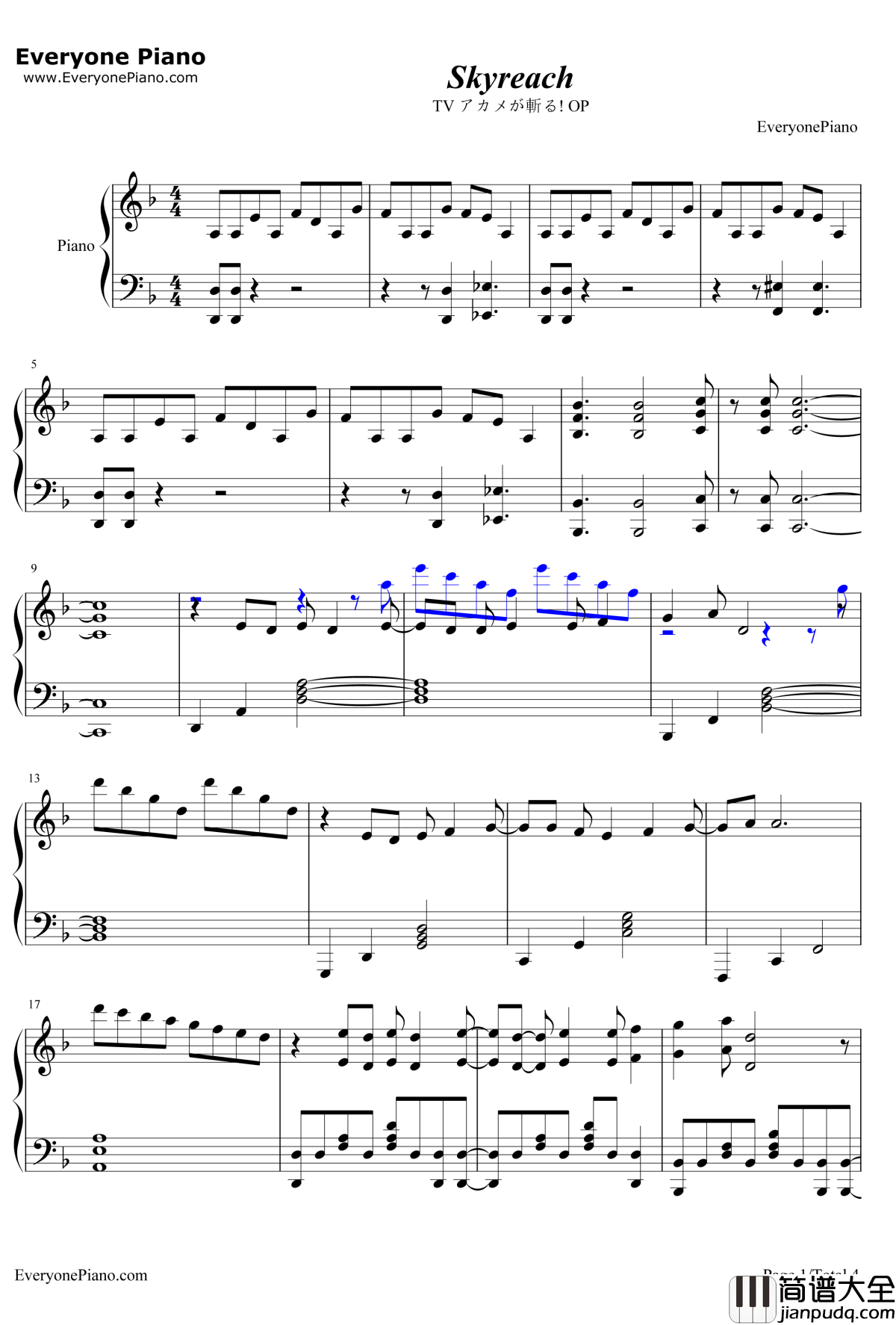 Skyreach钢琴谱_雨宫天_斩赤红之瞳OP1