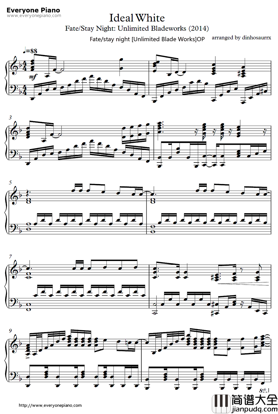 Ideal_White钢琴谱_绫野真白_FatestaynightUnlimitedBladeWorksOP