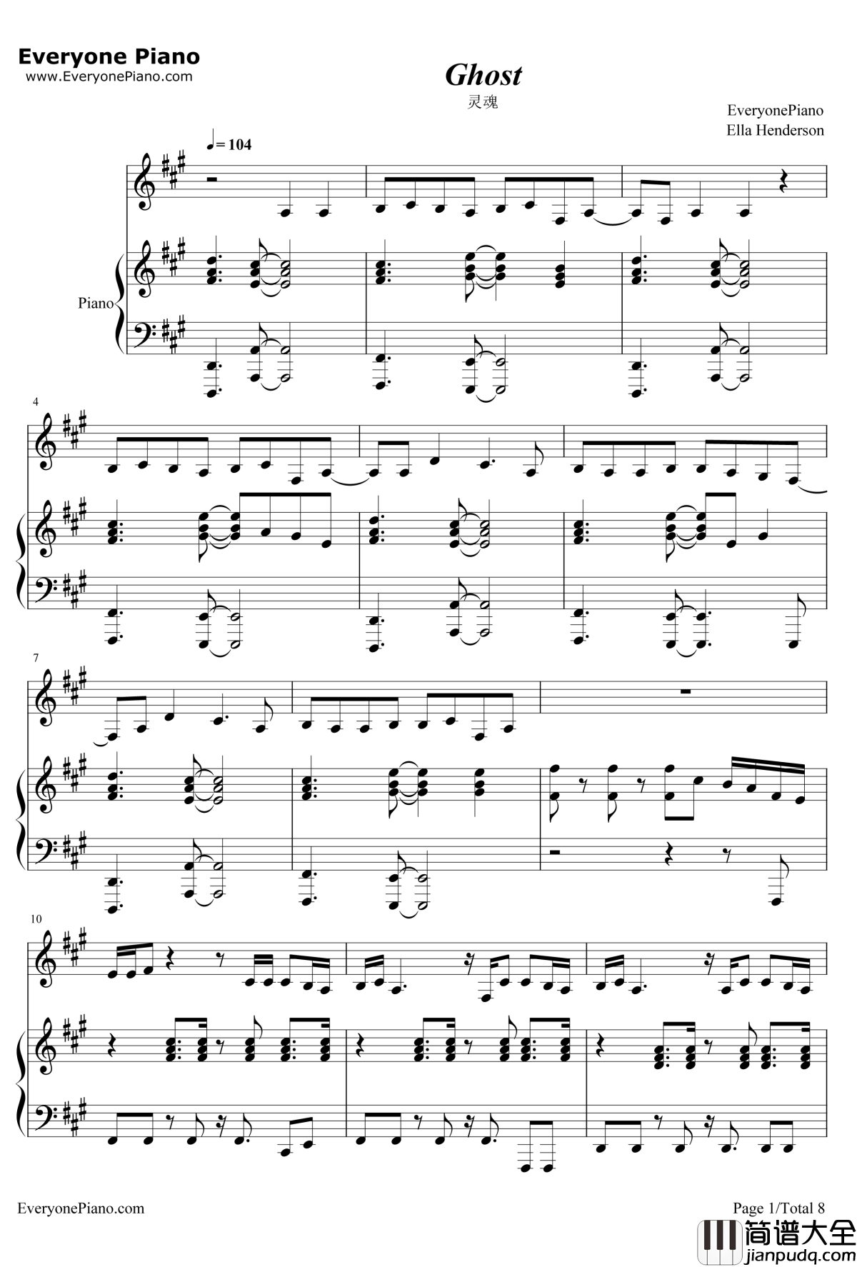 Ghost钢琴谱_EllaHenderson