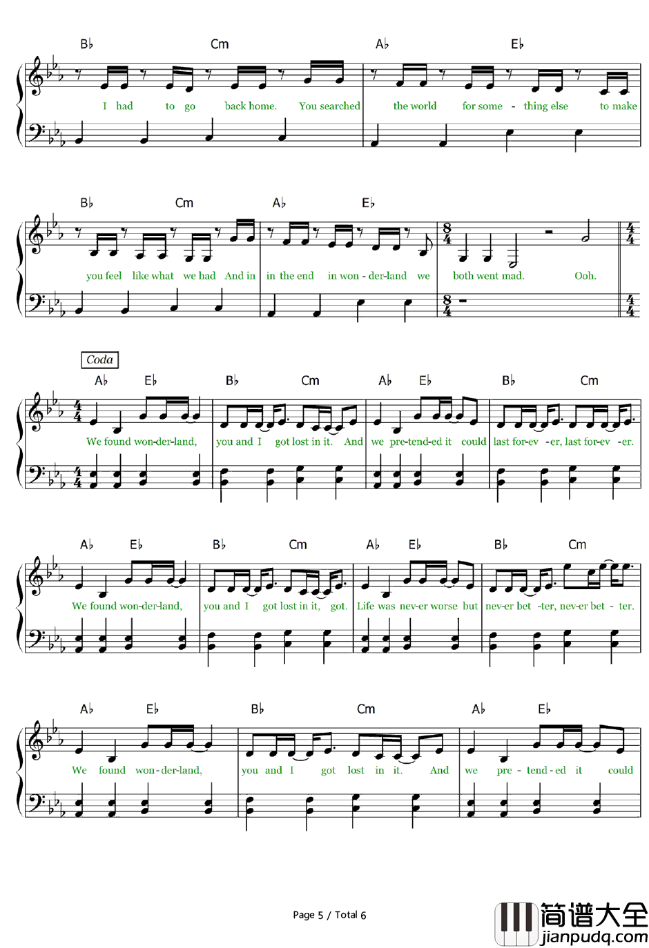 Wonderland钢琴谱_TaylorSwift