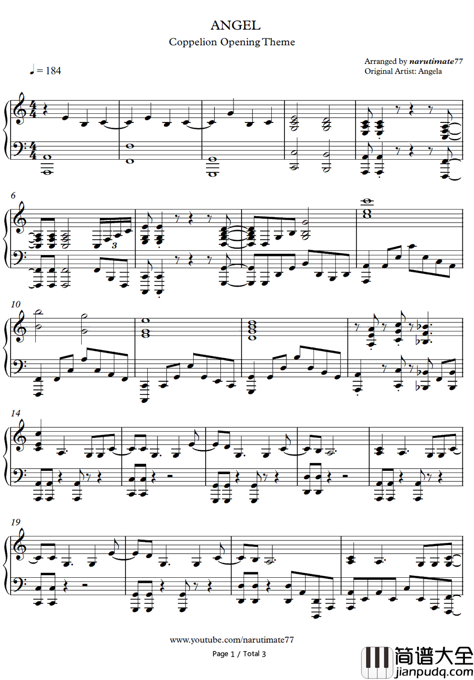 ANGEL钢琴谱_angela(アンジェラ)_核爆默示录OP