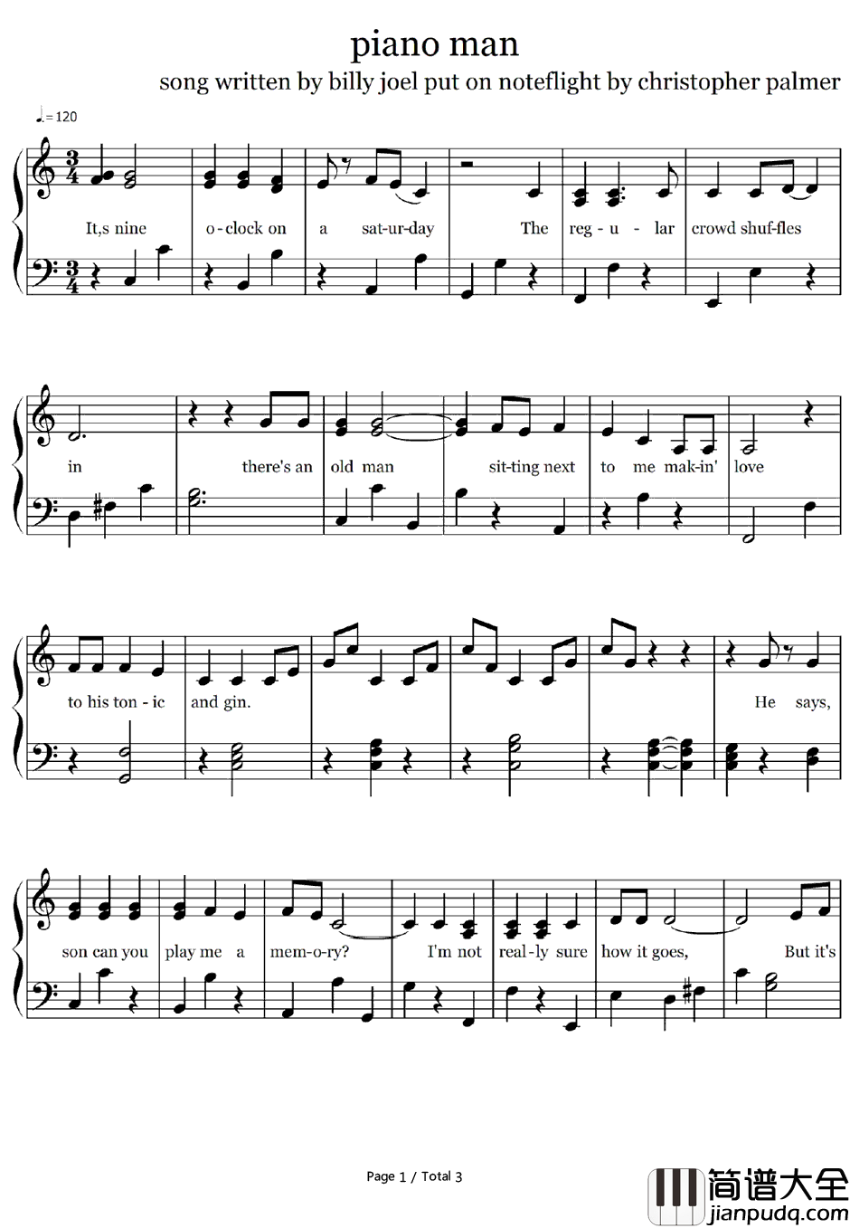 Piano_Man钢琴谱_BillyJoel_简单版