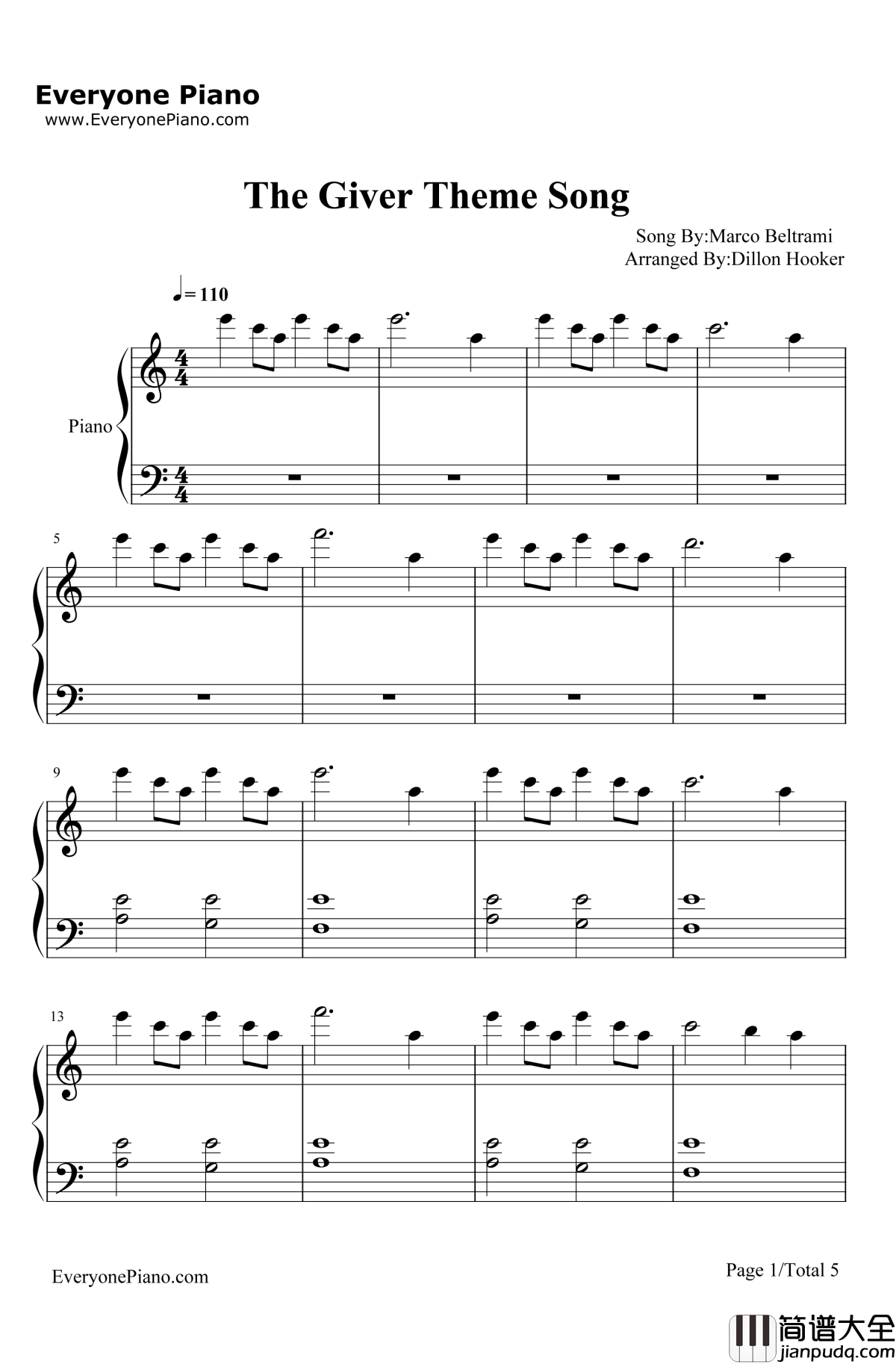 Rosemary's_Song钢琴谱_Rosemary_TheGiver主题曲