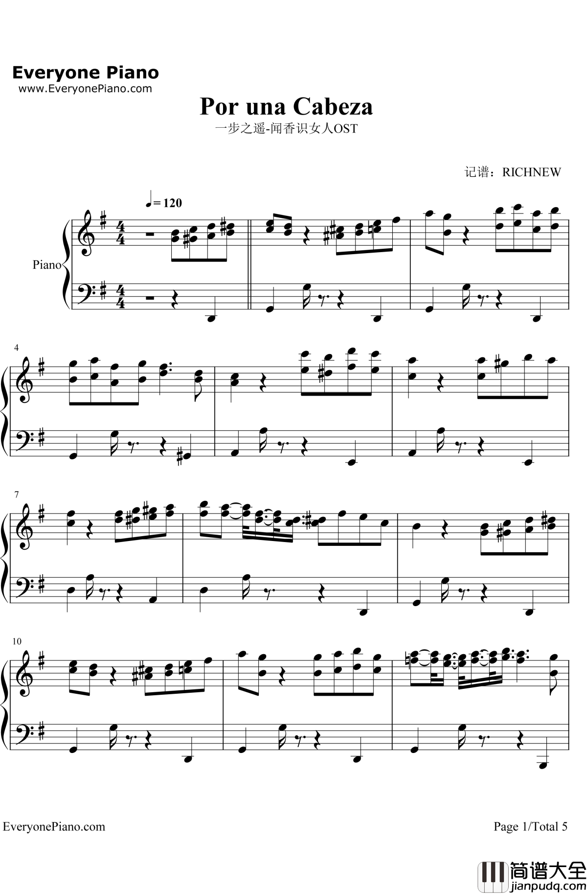 Por_una_Cabeza钢琴谱_CarlosGardel_一步之遥_闻香识女人OST