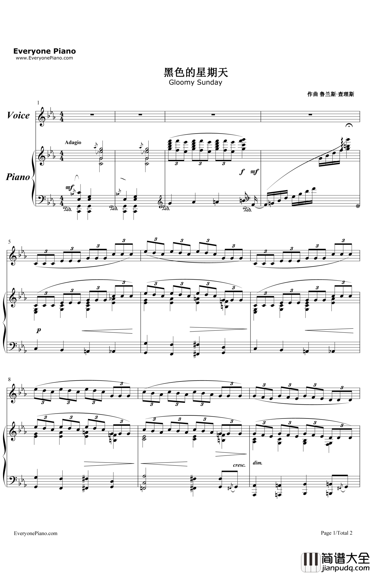 黑色的星期天钢琴谱_鲁兰斯•查理斯_忧郁的星期天