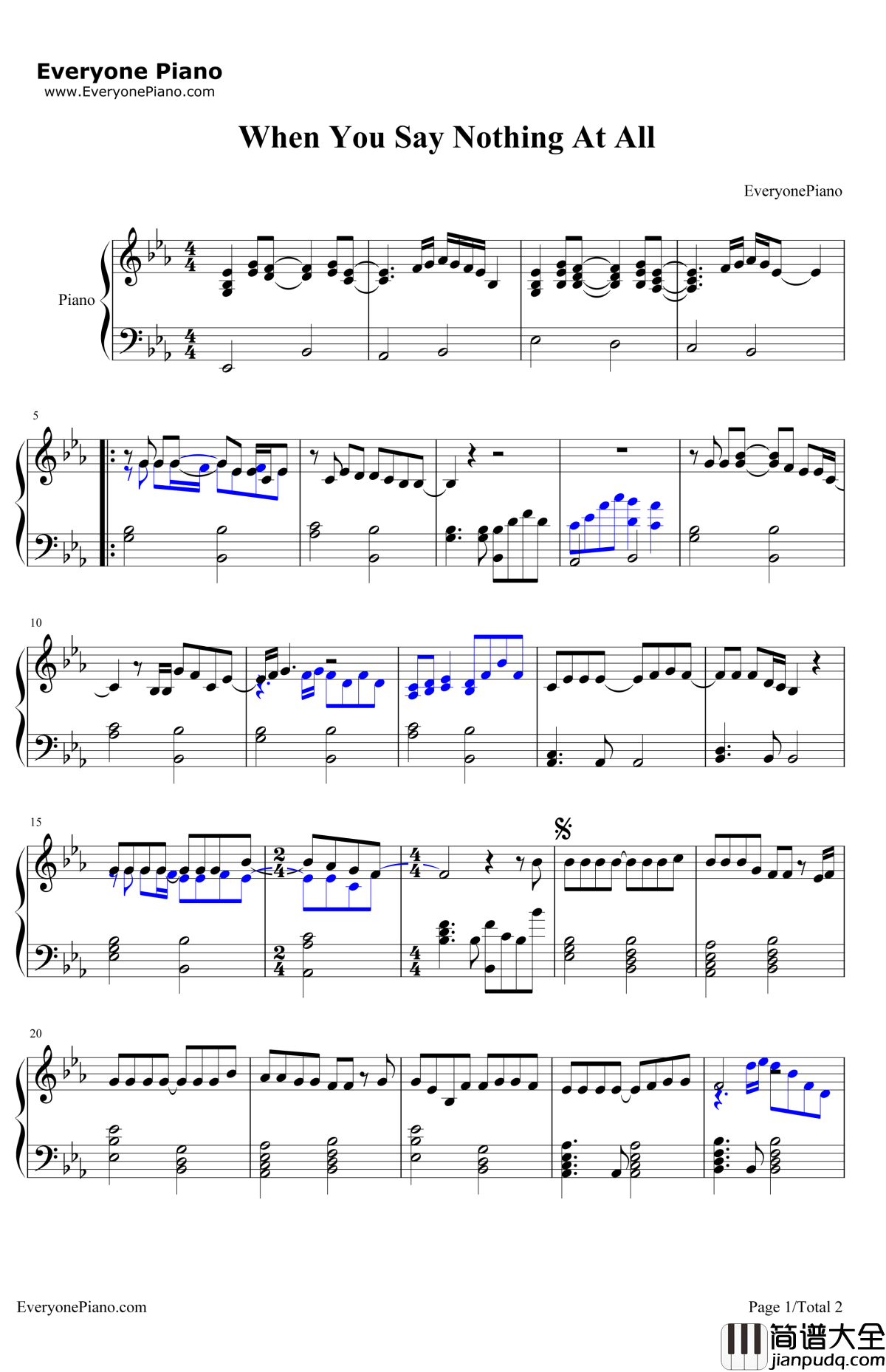 WhenYouSayNothingatAll钢琴谱_RonanKeating_诺丁山插曲