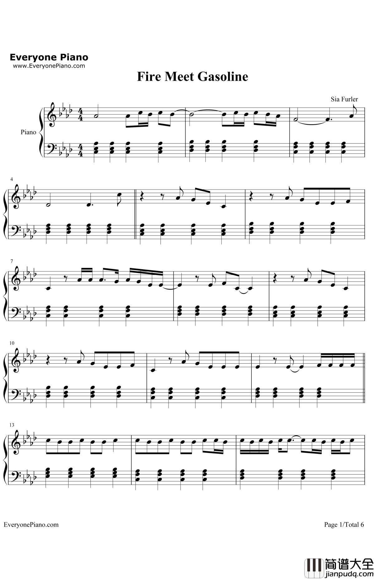 Fire_Meet_Gasoline钢琴谱_Sia