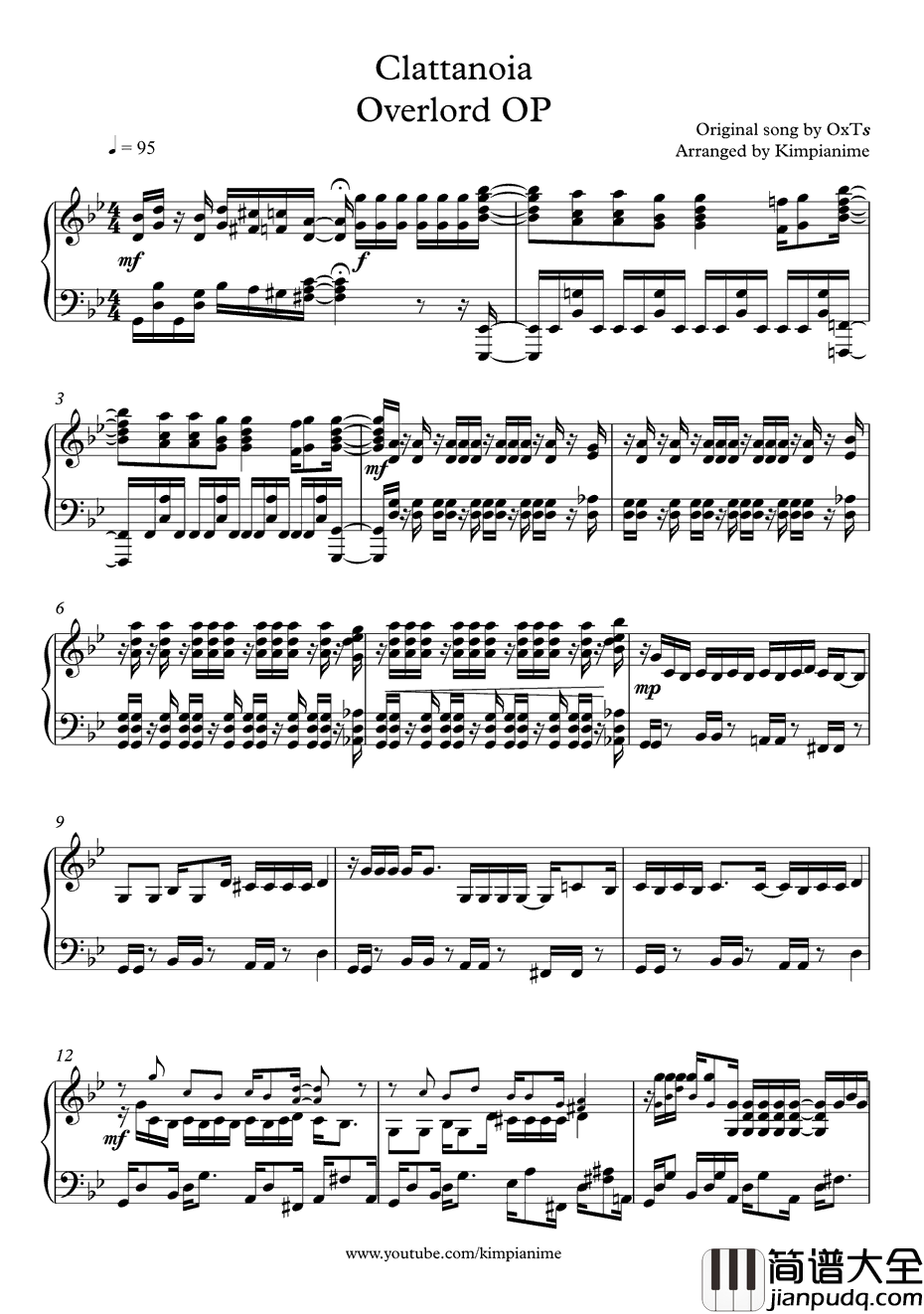 Clattanoia钢琴谱_OxT(大石昌良×Tom_Hck)_OverlordOP