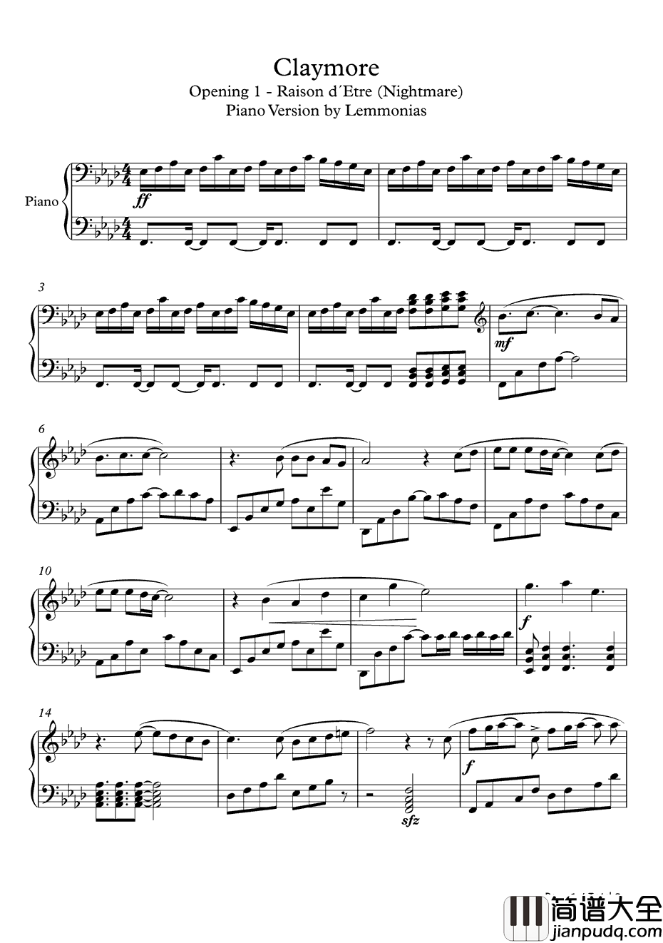 レゾンデートル钢琴谱_Nightmare(ナイトメア)_存在的价值_大剑OP