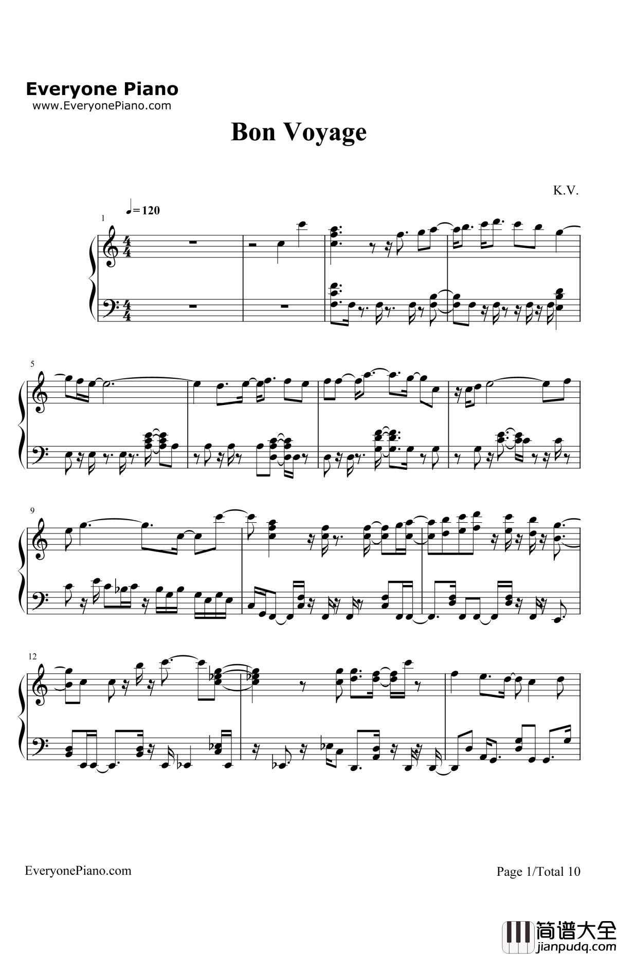 BonVoyage钢琴谱_Bon_BonBlanco_海贼王OP4