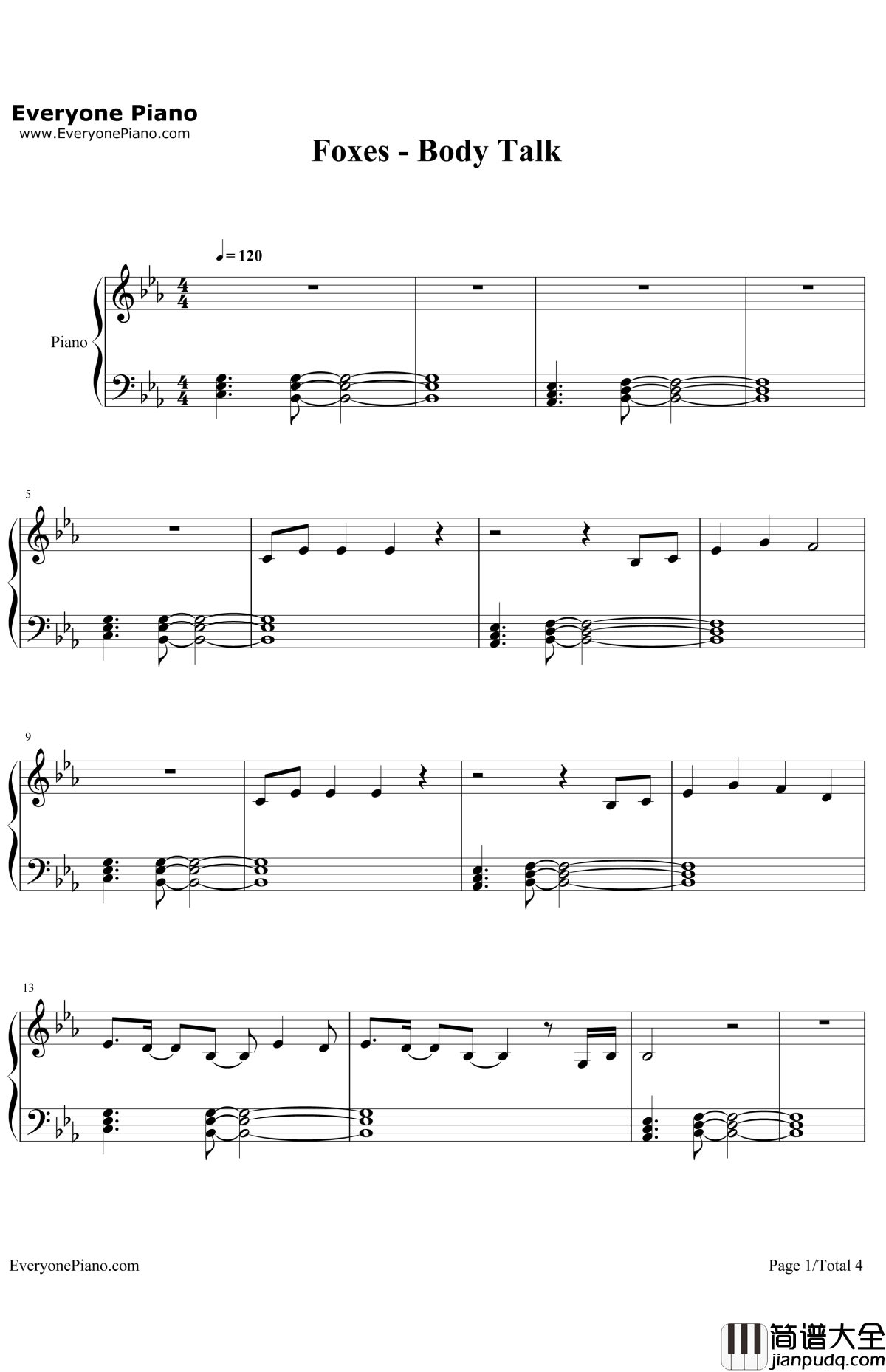 BodyTalk钢琴谱_Foxes