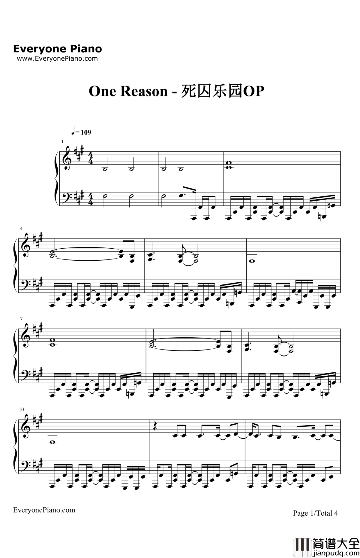OneReason钢琴谱_fade_死囚乐园OP
