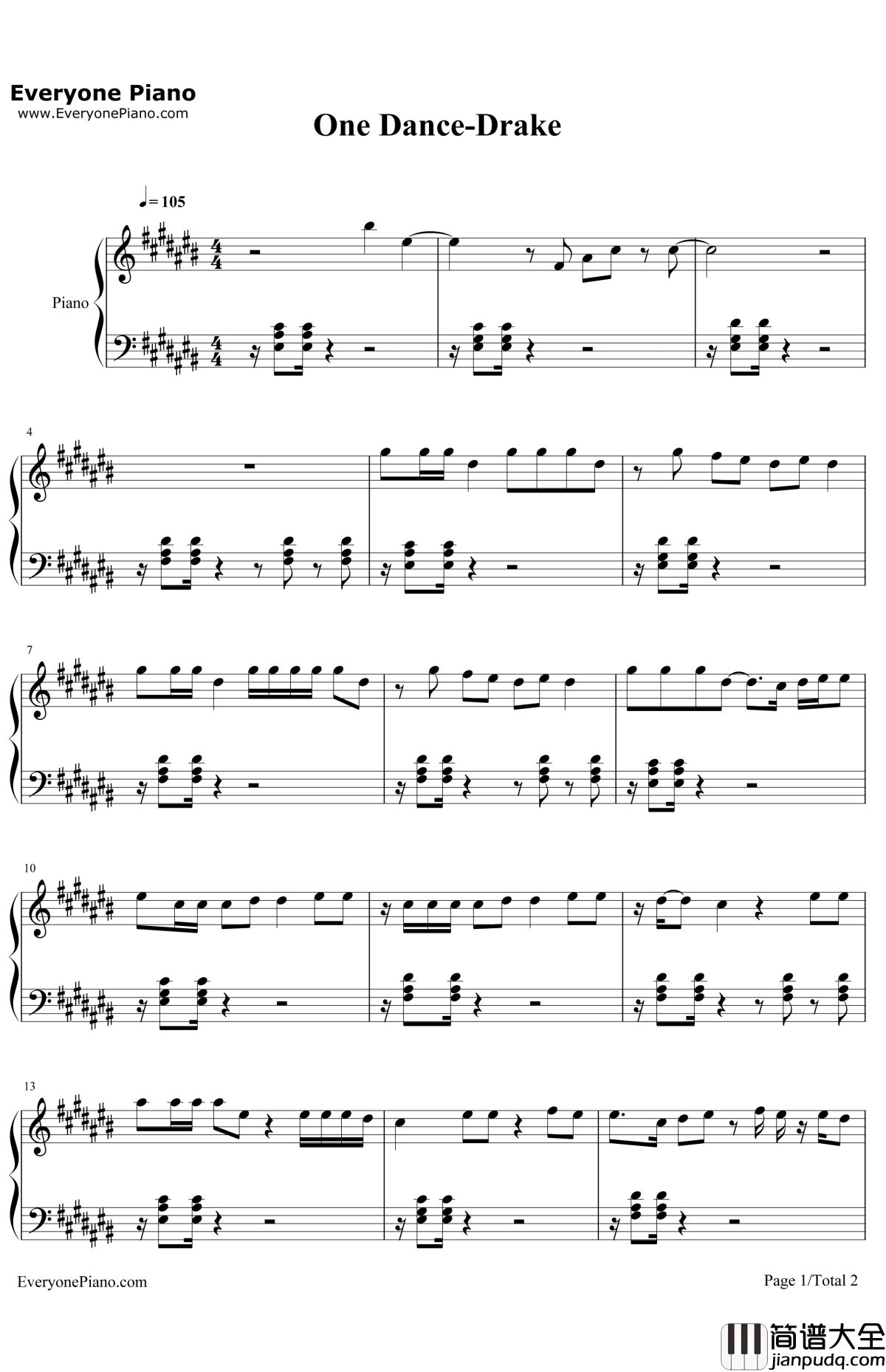 OneDance钢琴谱_Drake