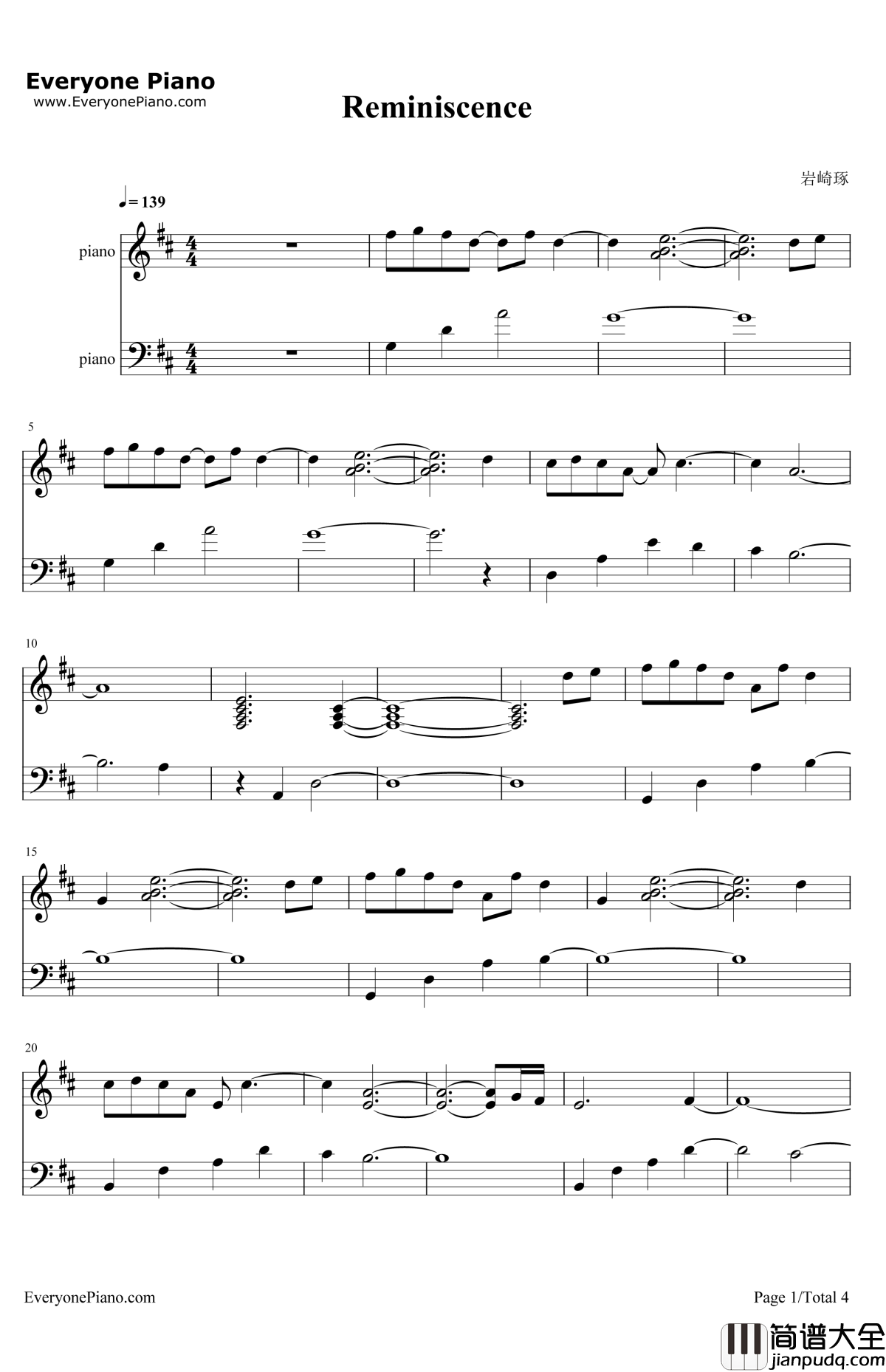 Reminiscence钢琴谱_岩崎琢_闪灵二人组原声音乐