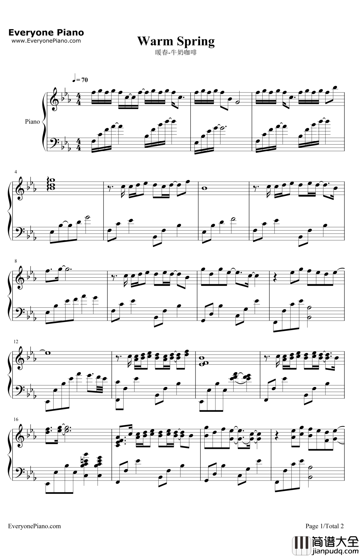 暖春钢琴谱_暖春_牛奶咖啡