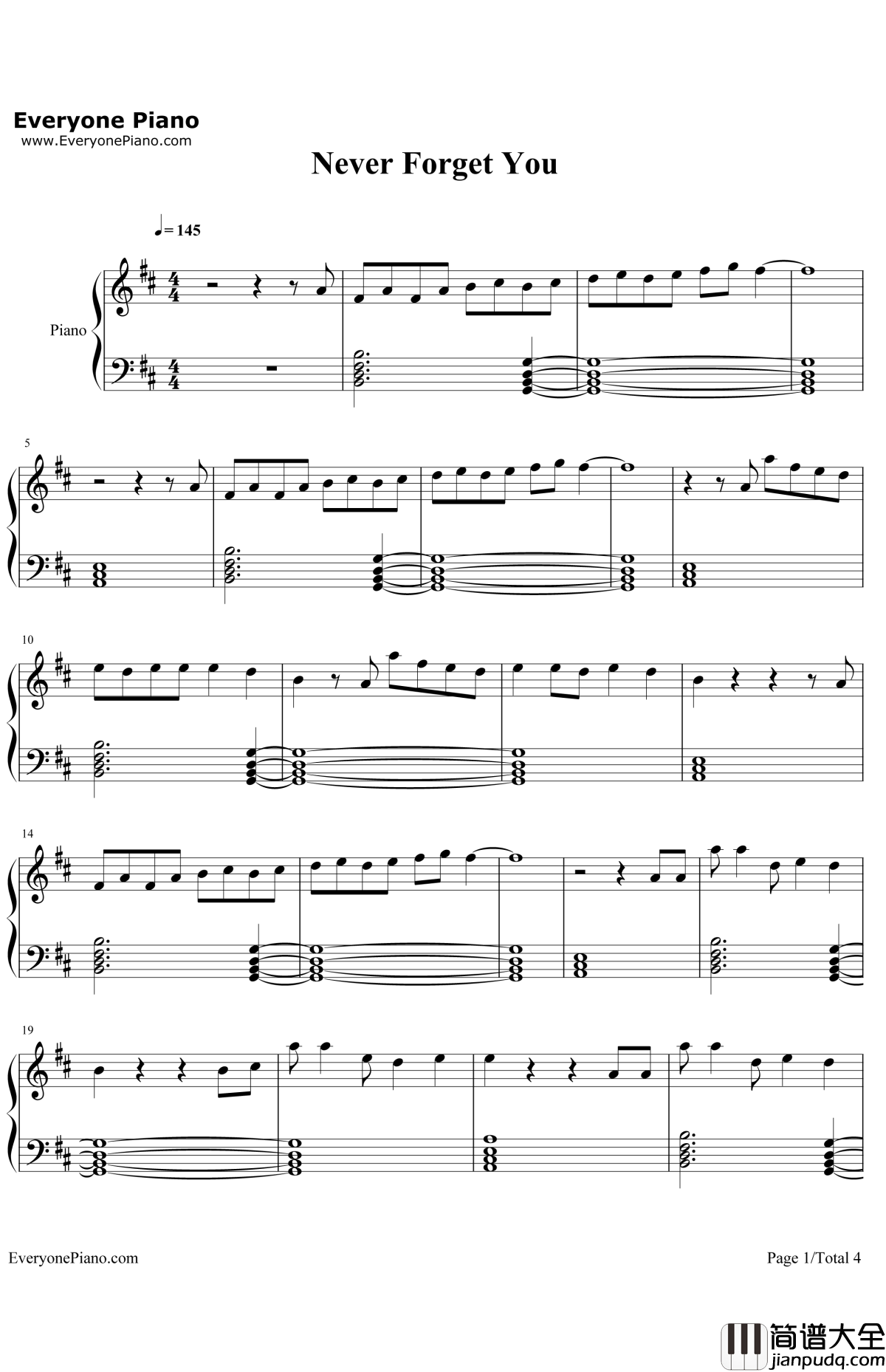 NeverForgetYou钢琴谱_ZaraLarsson&MNEK