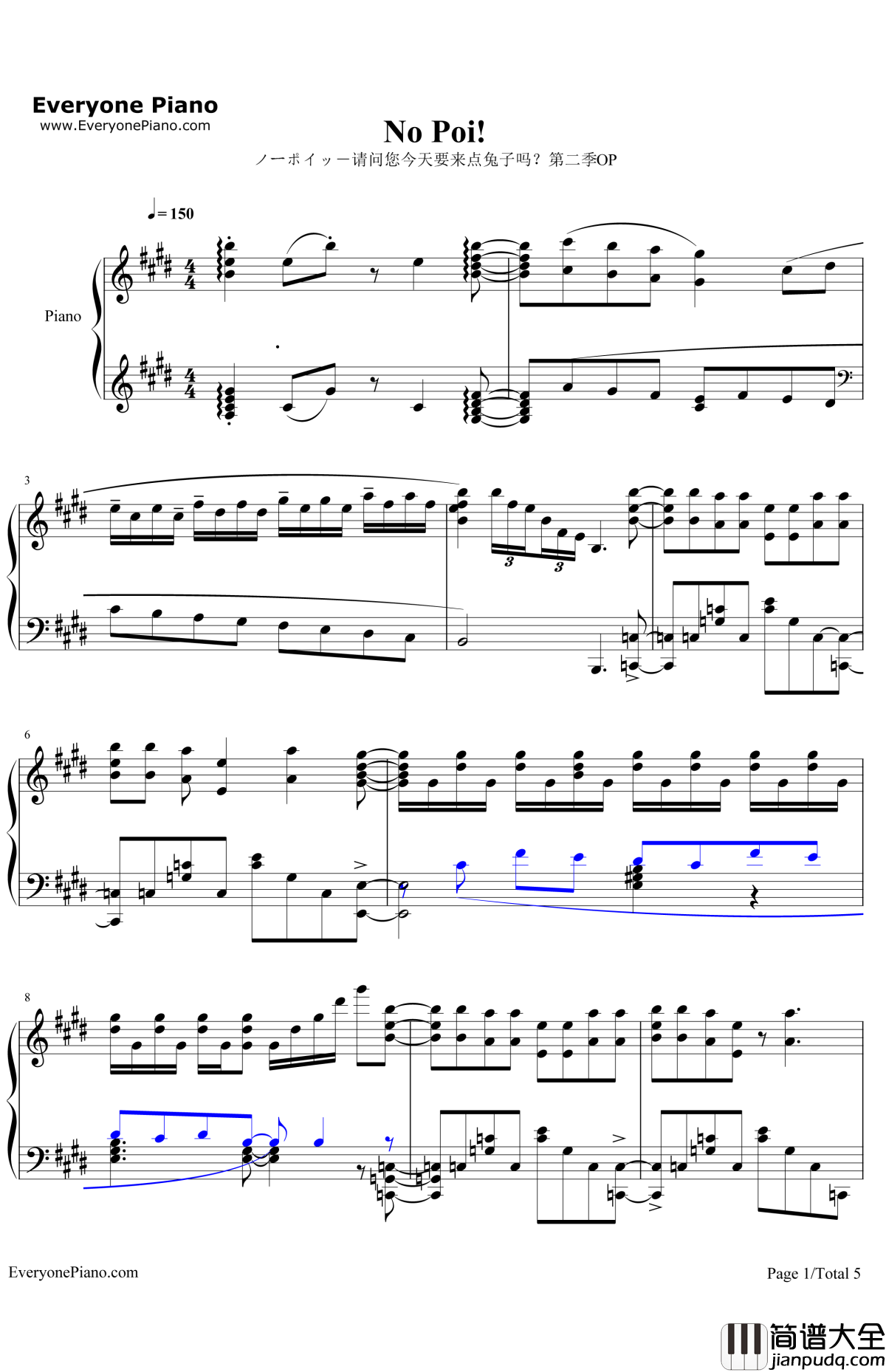 ノーポイッ!钢琴谱_PetitRabbit's_请问您今天要来点兔子吗?第二季OP