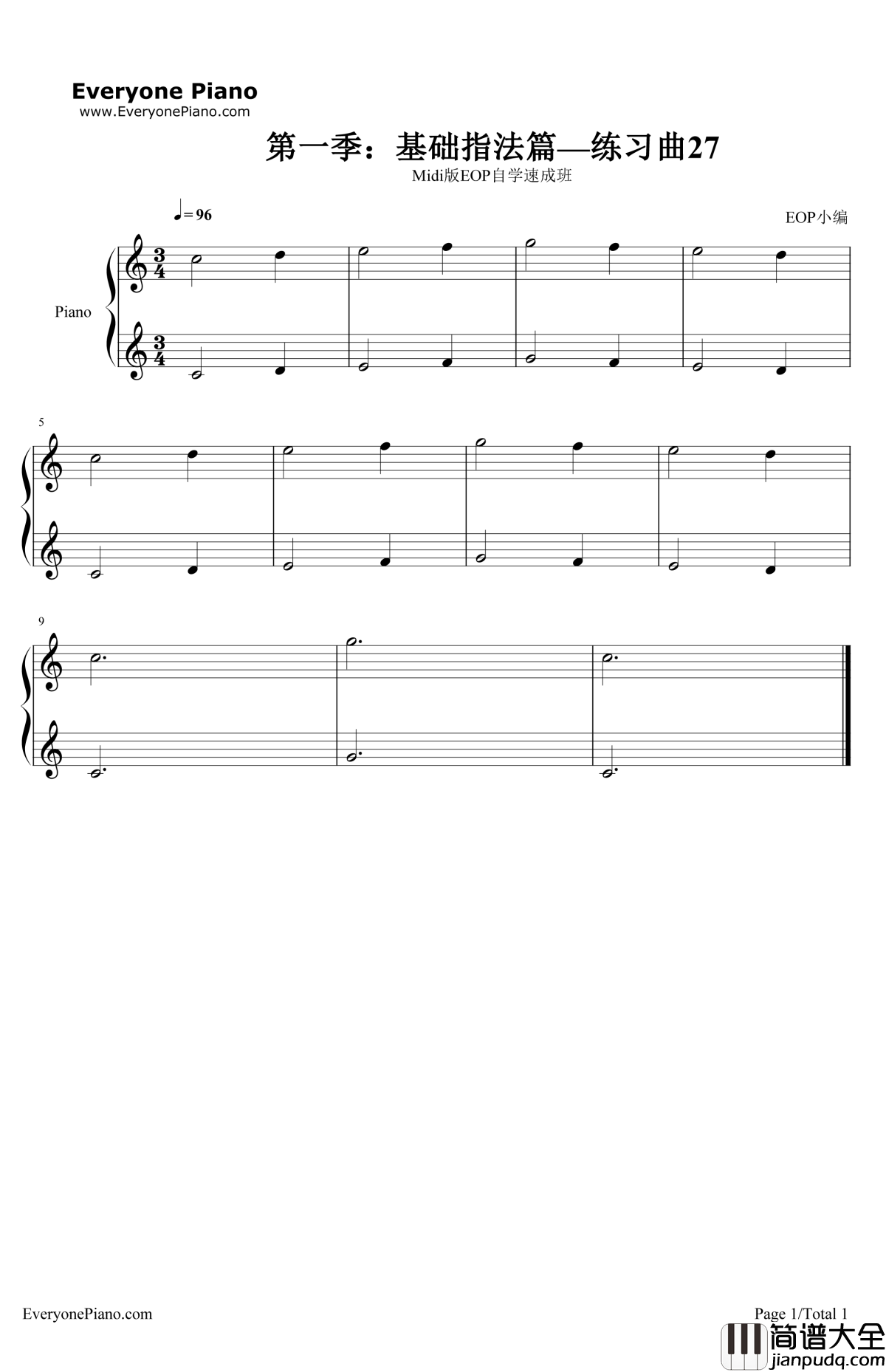 练习曲27钢琴谱_EOP团队_Midi版EOP自学速成班第一季：基础指法篇