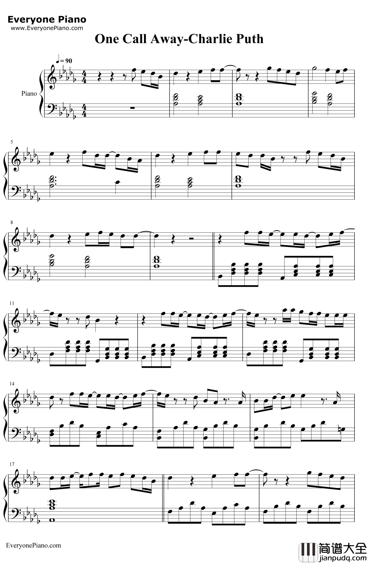 OneCallAway钢琴谱_CharliePuth