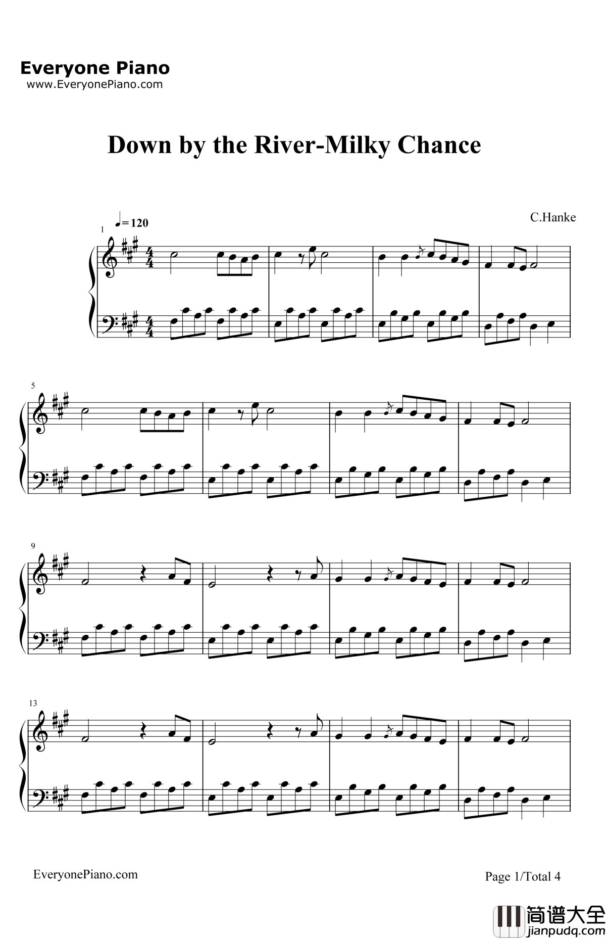 DownbytheRiver钢琴谱_MilkyChance