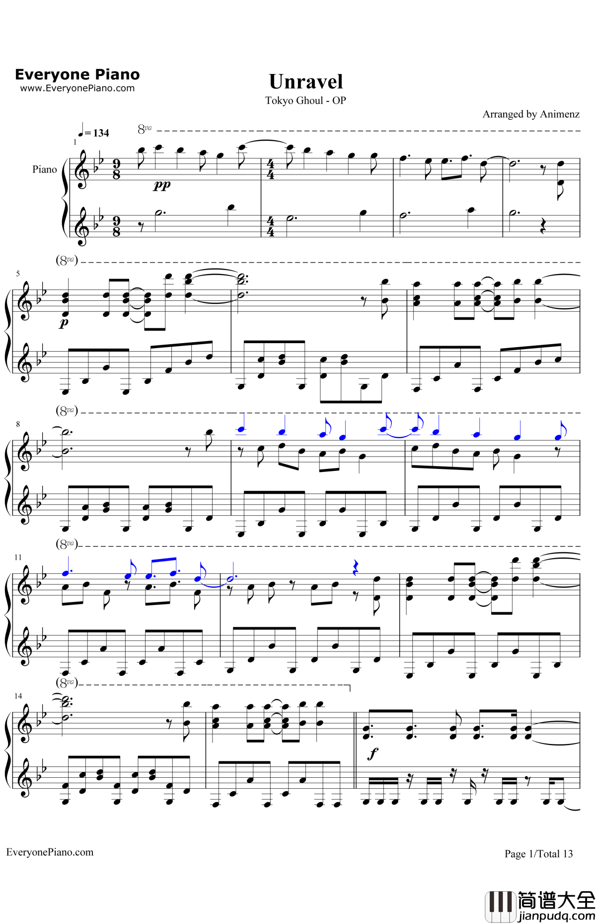 Unravel钢琴谱_Tkfrom凛冽时雨_东京喰种主题曲