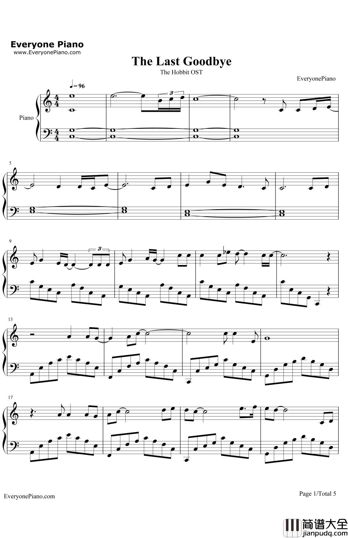 TheLastGoodbye钢琴谱_BillyBoyd_霍比特人五军之战OST