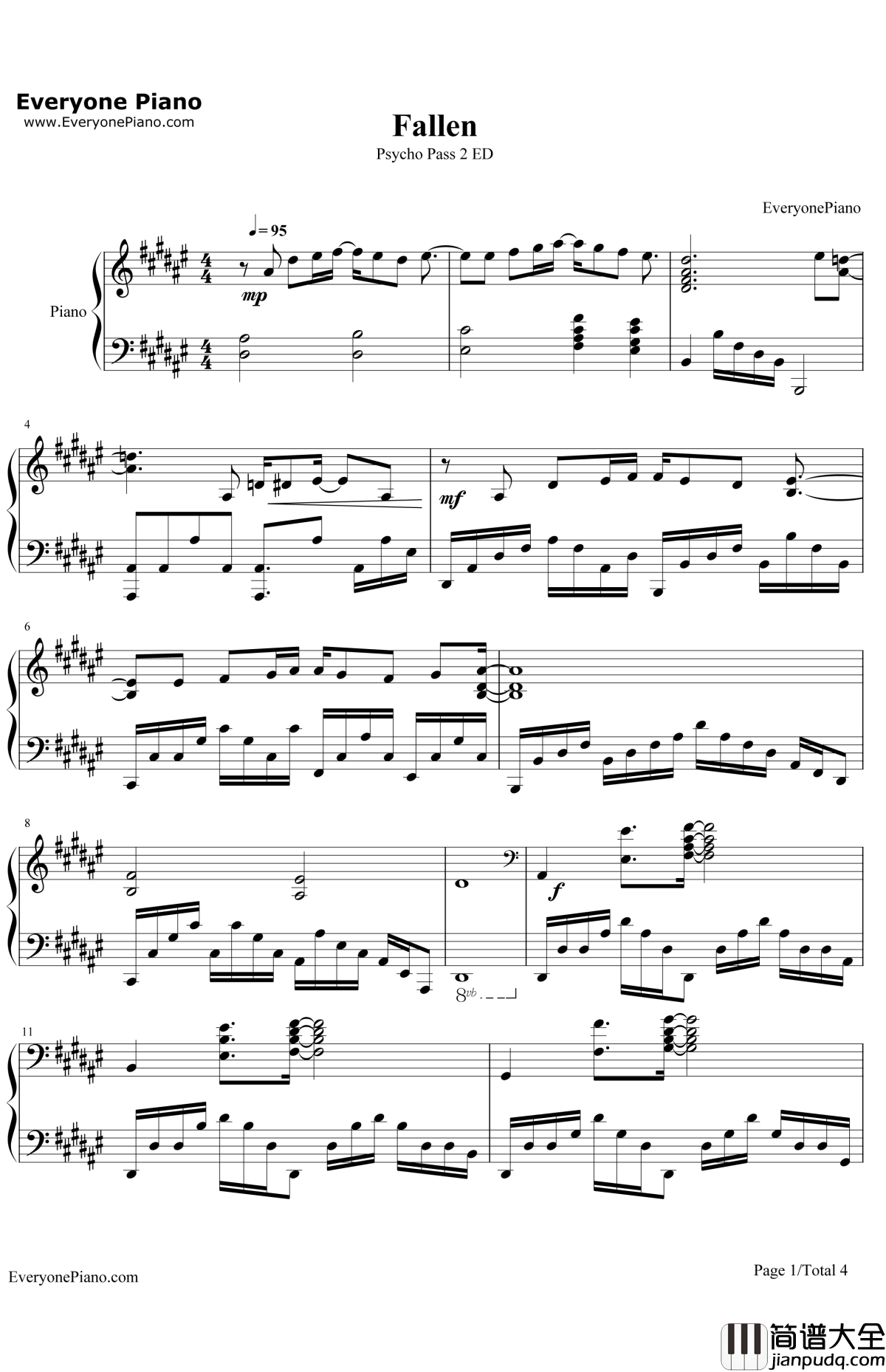 Fallen钢琴谱_EGOIST_PSYCHO_PASS心理测量者2ED