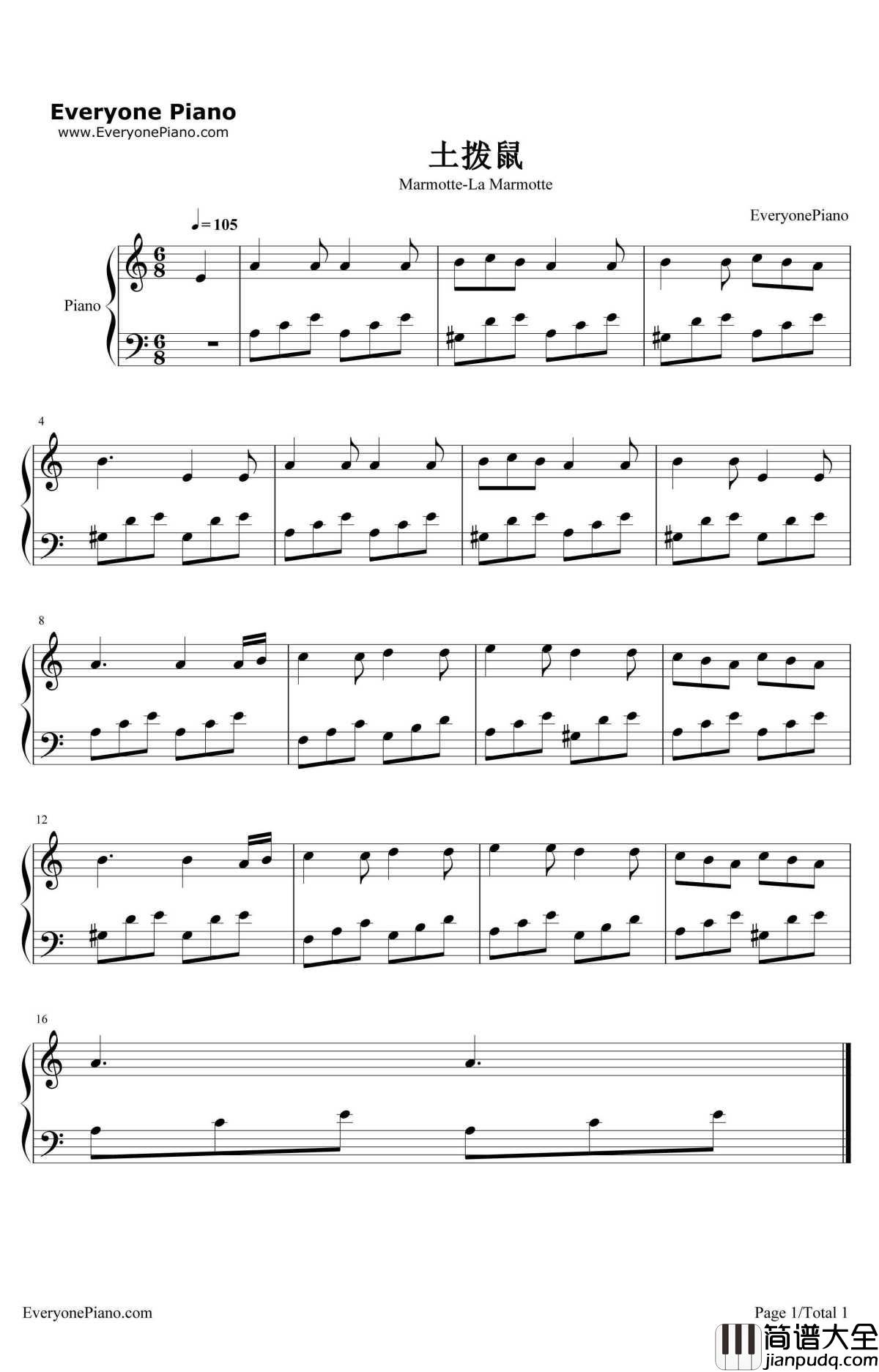 土拨鼠钢琴谱_贝多芬