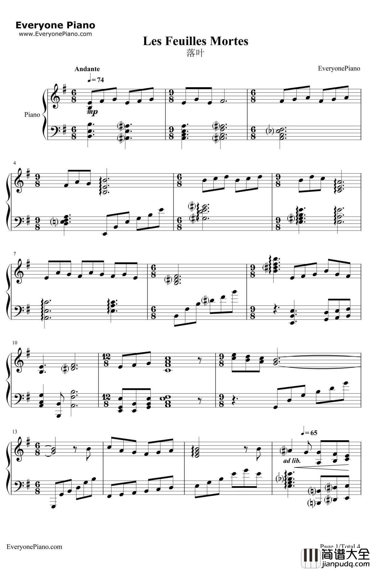 落叶LesFeuillesMortes钢琴谱_理查德克莱德曼_落叶LesFeuillesMortes