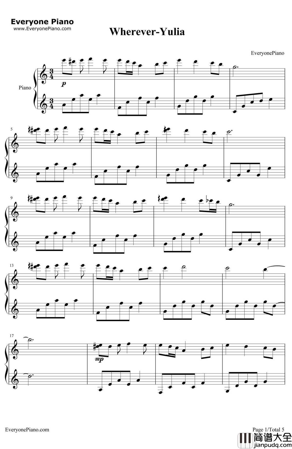 Wherever钢琴谱_Yulia