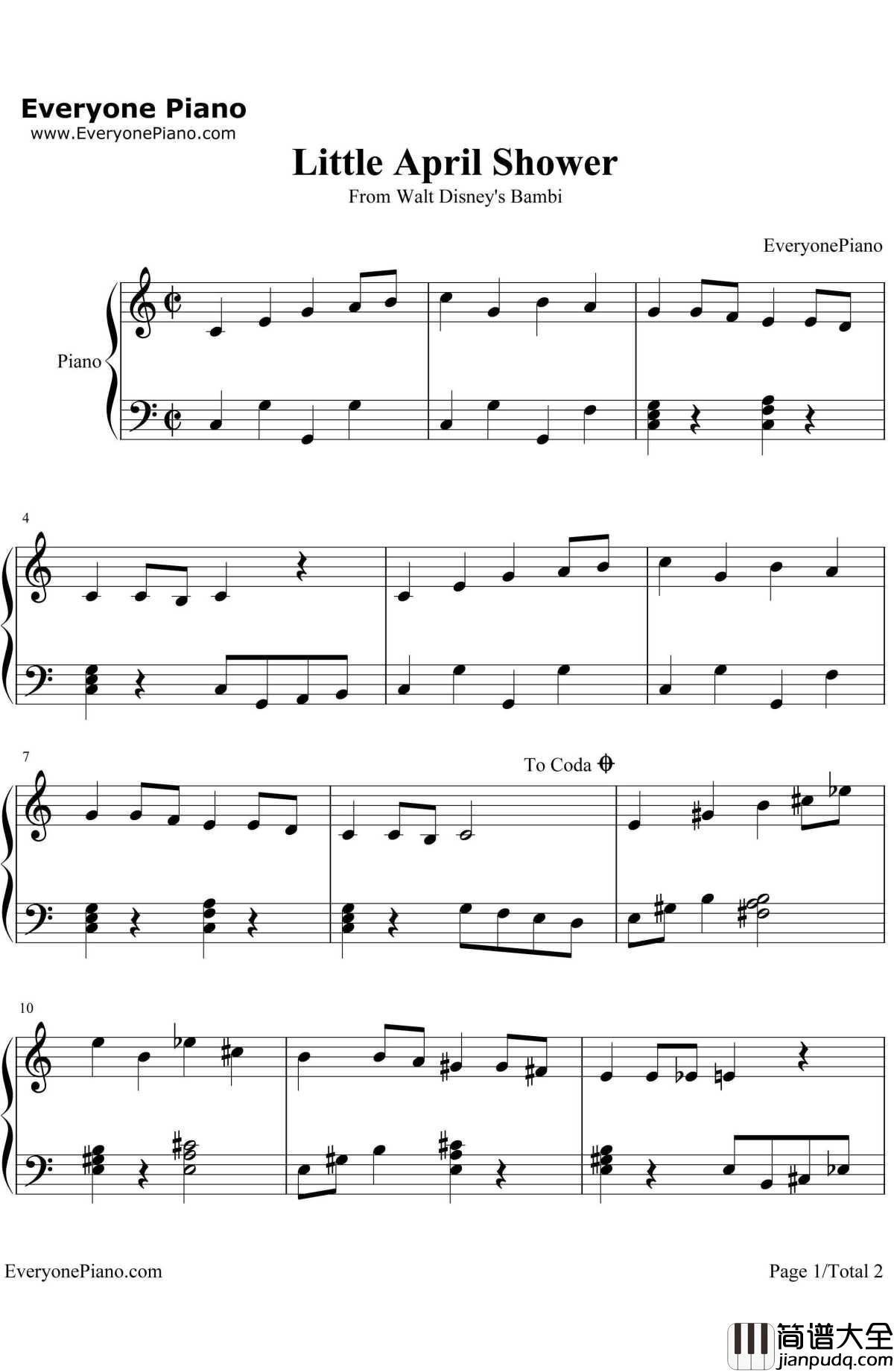 LittleAprilShower钢琴谱_FrankChurchill_迪斯尼动画_小鹿斑比_插曲