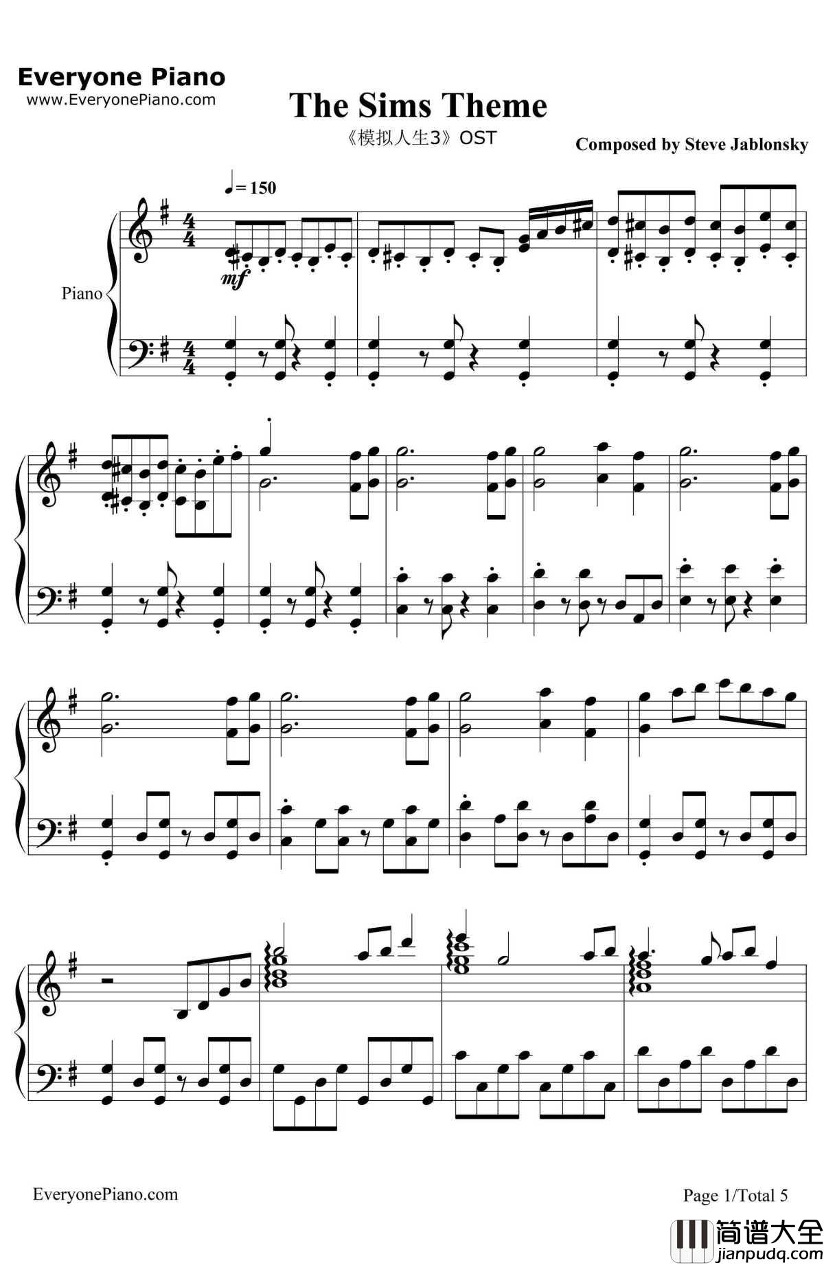 TheSimsTheme钢琴谱_SteveJablonsky__模拟人生3_OST_EOP教学曲