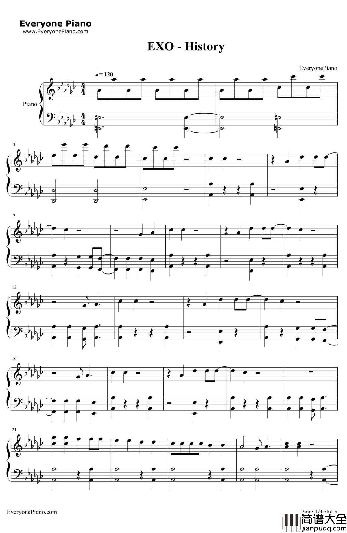 History钢琴谱_EXO