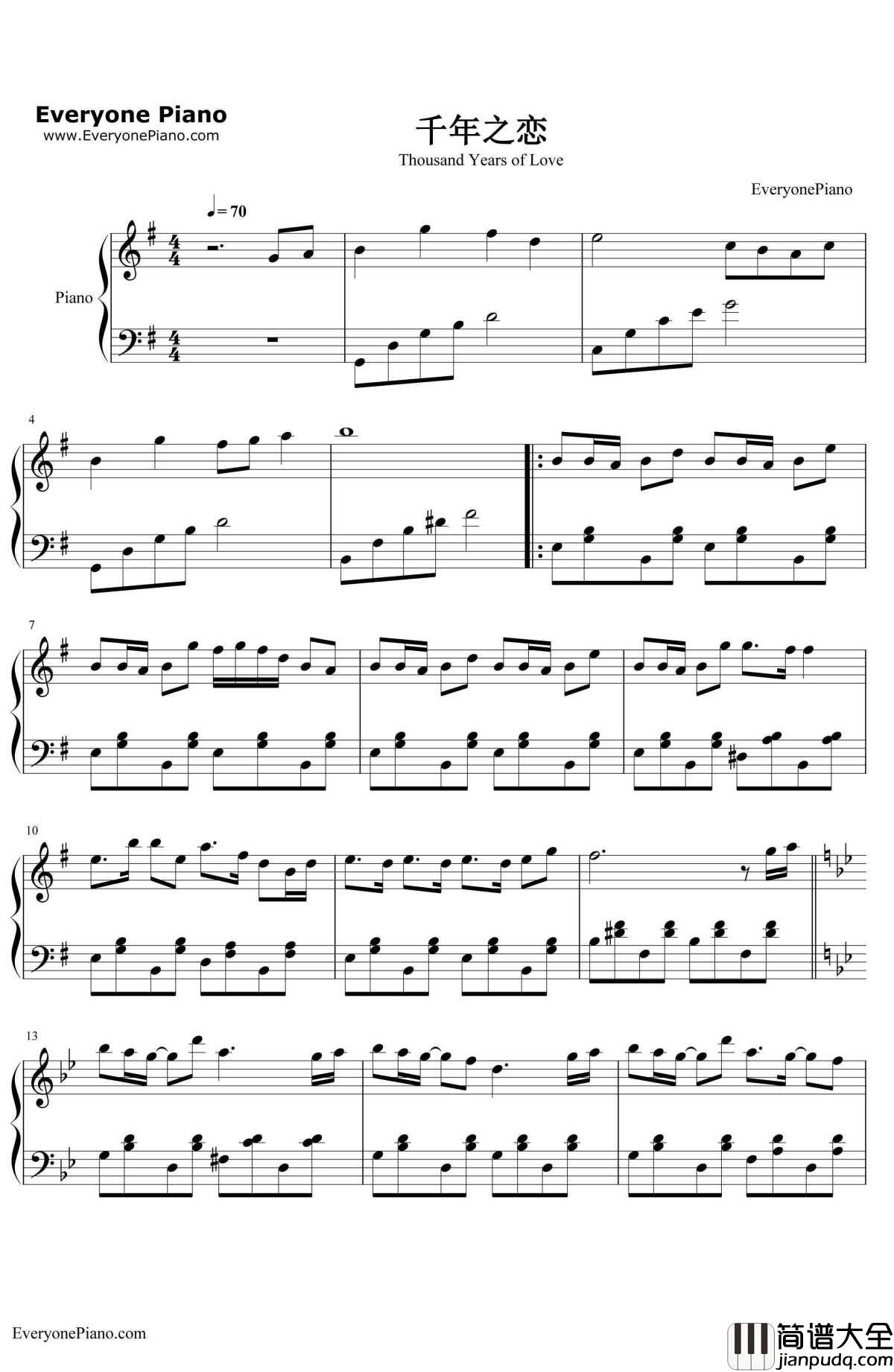 千年之恋钢琴谱_飞儿乐团